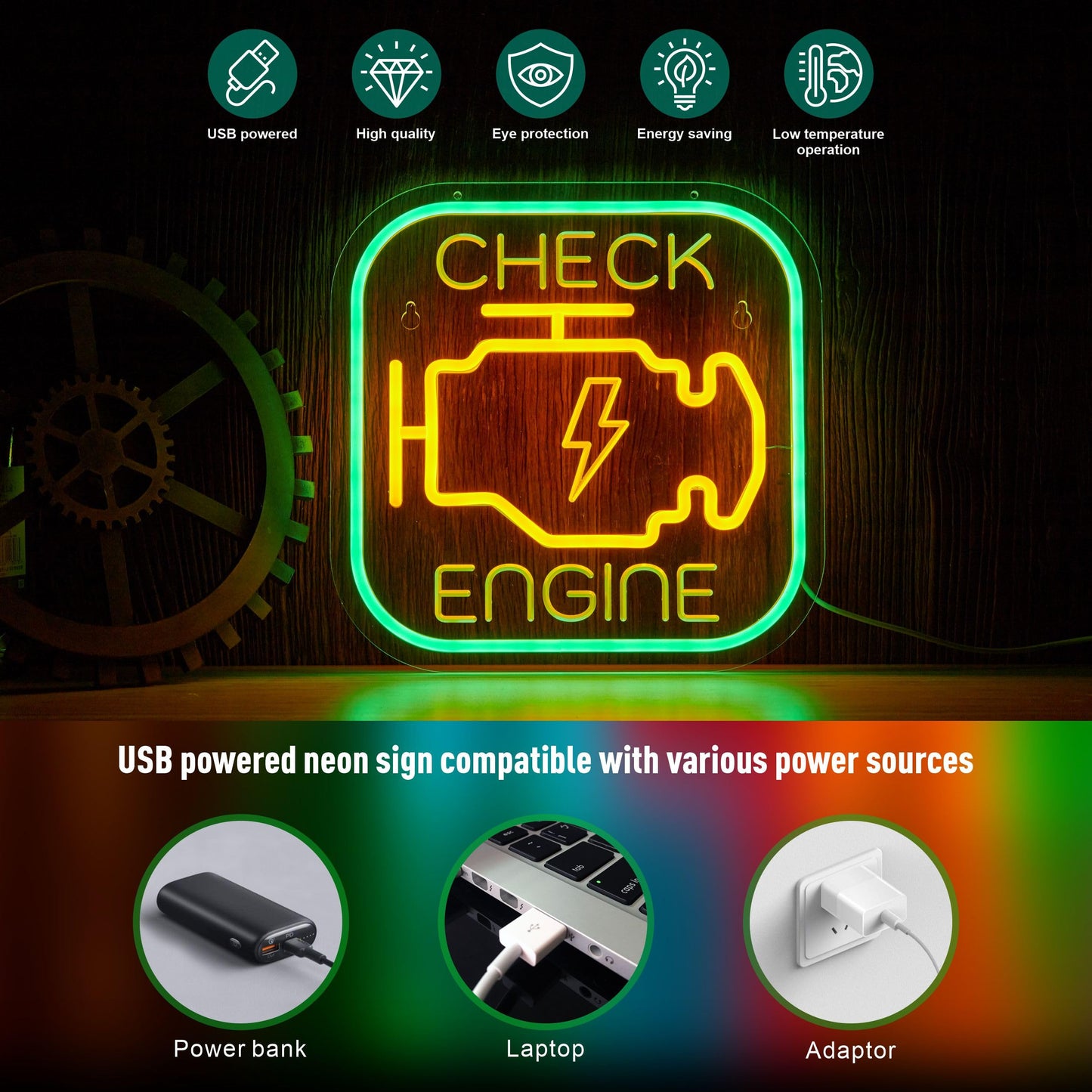 Check Engine Neon Sign for Wall Decor Garage Light LED Light USB Powered for Man Cave Auto Repair Shop Workshop Party Birthday Gift