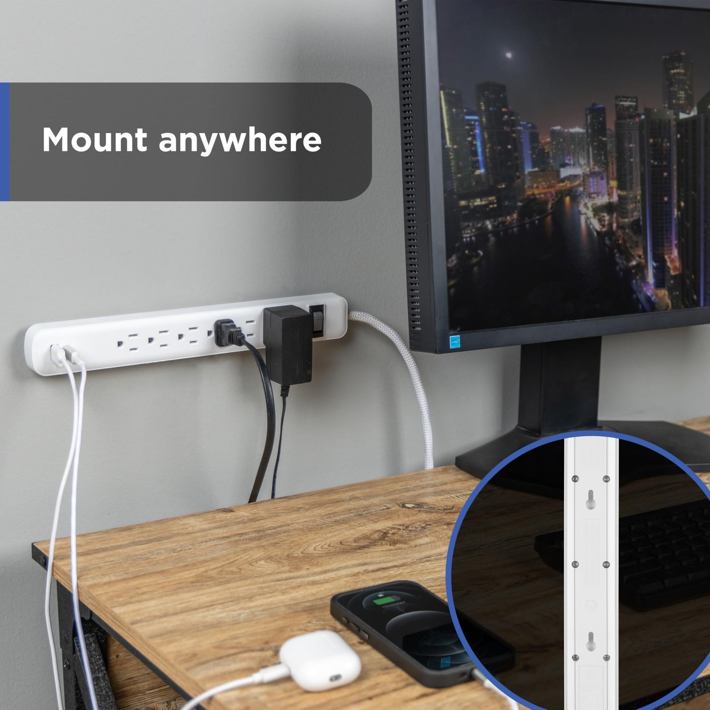 GE 6-Outlet Power Strip with USB, 1 USB-A & 1 USB-C Port, 4ft Braided Extension Cord, Circuit Breaker, Wall Mountable, ETL Certified, White, 85706