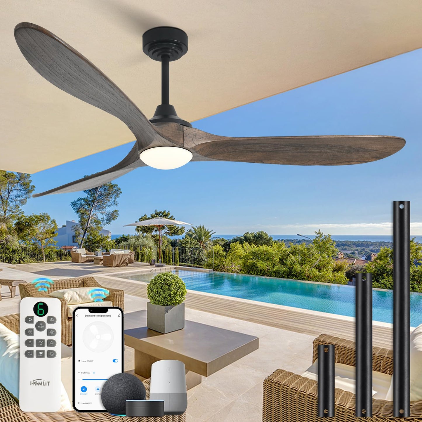 Homlit 60” Outdoor Ceiling Fan with Light 3 Downrods, Smart Wood Ceiling Fan Compatible with Alexa/Google/App, 3 Blades Modern Walnut Wood Ceiling