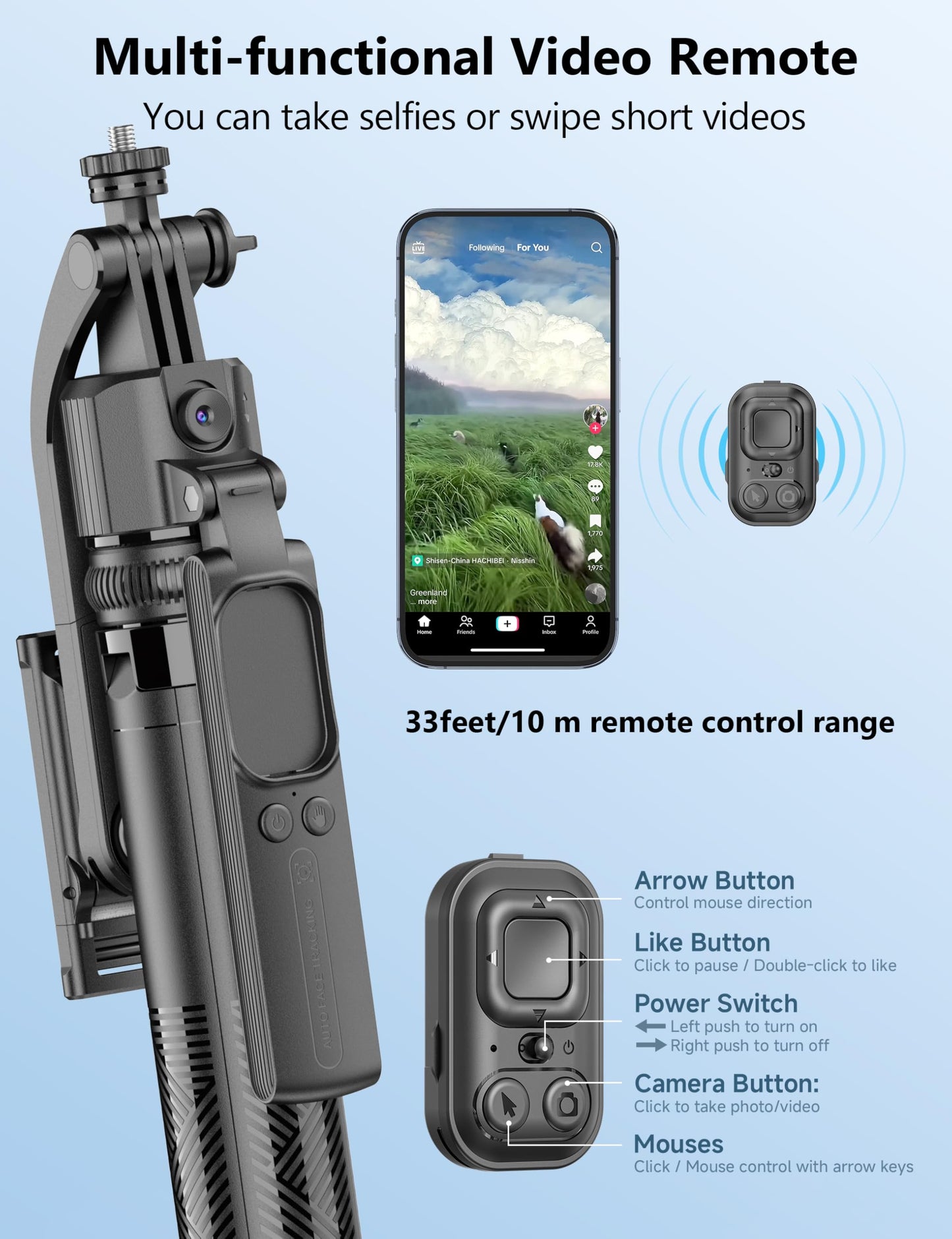 64'' Auto Face Tracking Tripod 360 Rotation with Stand, Handheld Stabilization, Aluminum Quadrapod Selfie Stick Phone Tripod with Remote Compatible