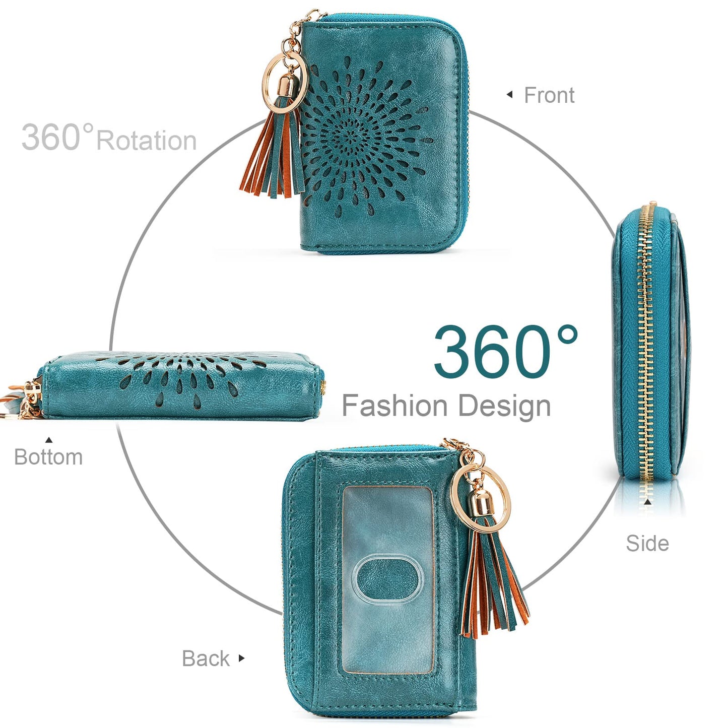 APHISON RFID Credit Card Holder Zipper Card Case Keychain Small Wallet for Women 1927 PEACOCK-BLUE
