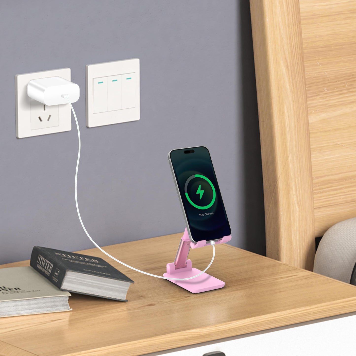 HZZADZXW Cell Phone Stand, Adjustable Angle and Height Cell Phone Holder for Desk, Foldable and Portable, Anti-Slip Silicone Pad, Compatible with All