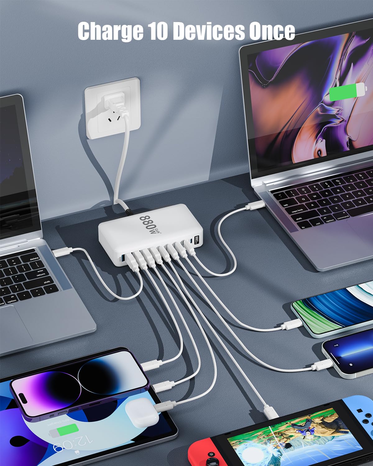 880W USB C Charger Block,10-Port USB C Charging Station GaN IV Travel Essentials Multiple Port Charging Station,140W Laptop Fast Charger Adapter