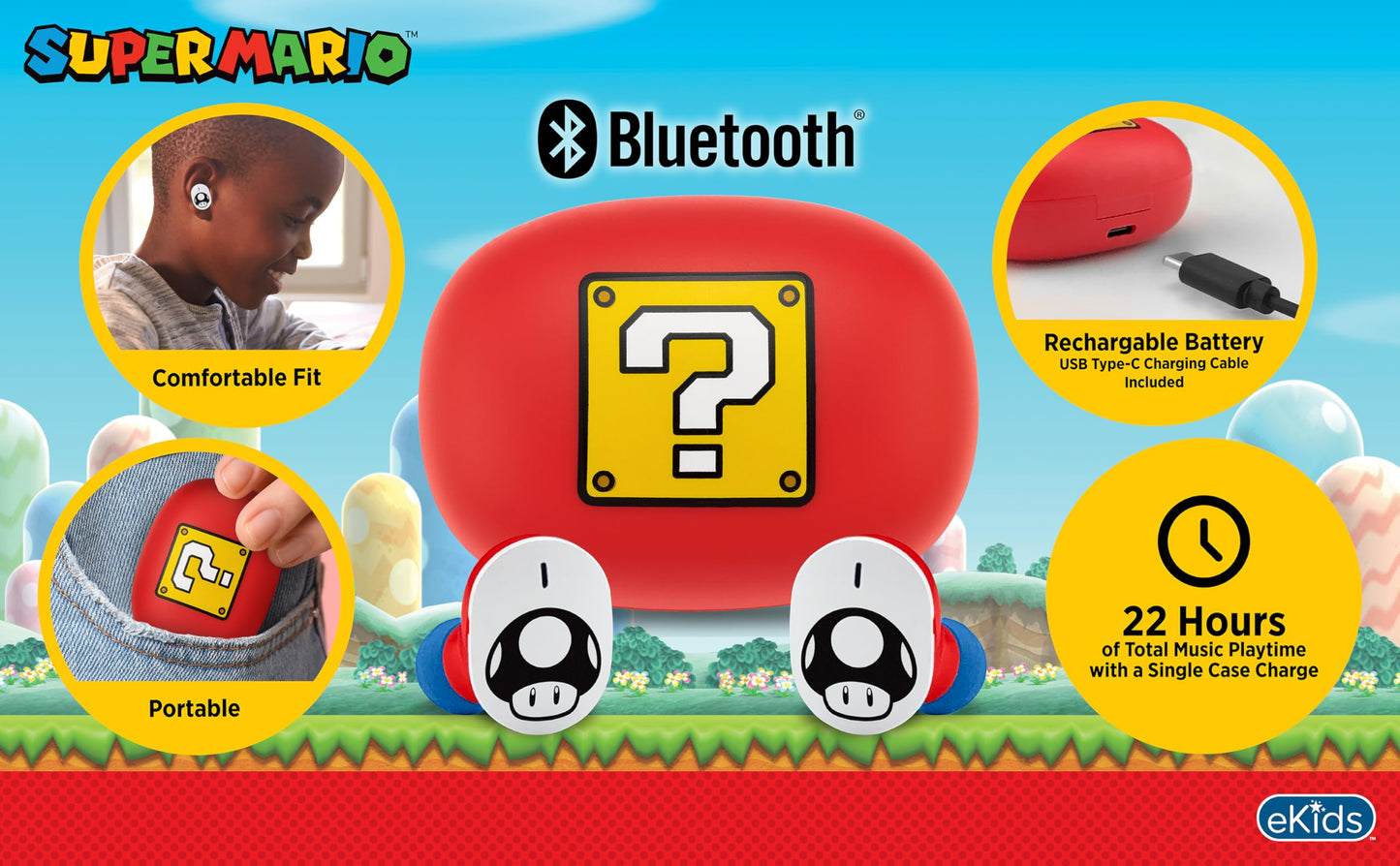 Super Mario Wireless Earbuds for Kids, Bluetooth Earbuds with Charging Case