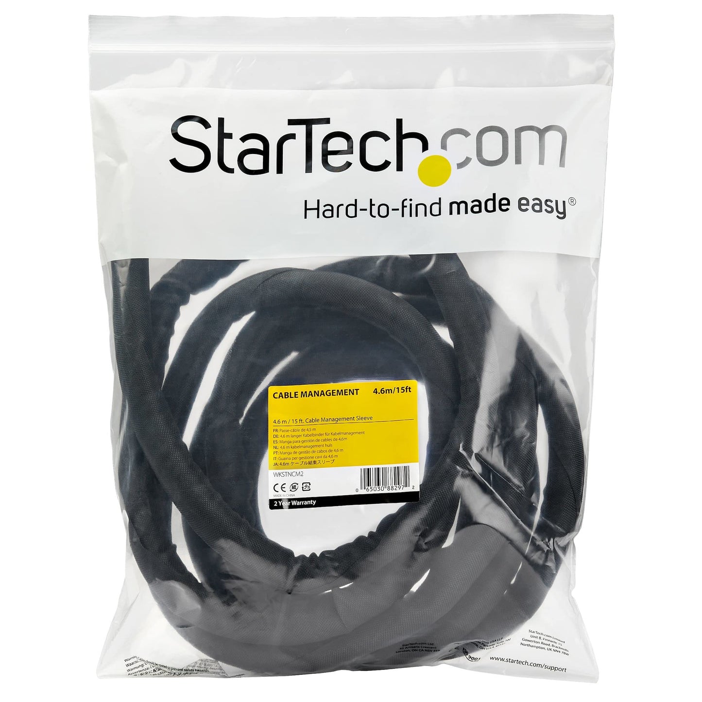 StarTech.com 15' (4.6m) Cable Management Sleeve - Flexible Coiled Cable Wrap - 1.0-1.5" Dia. Expandable Sleeve - Polyester Cord