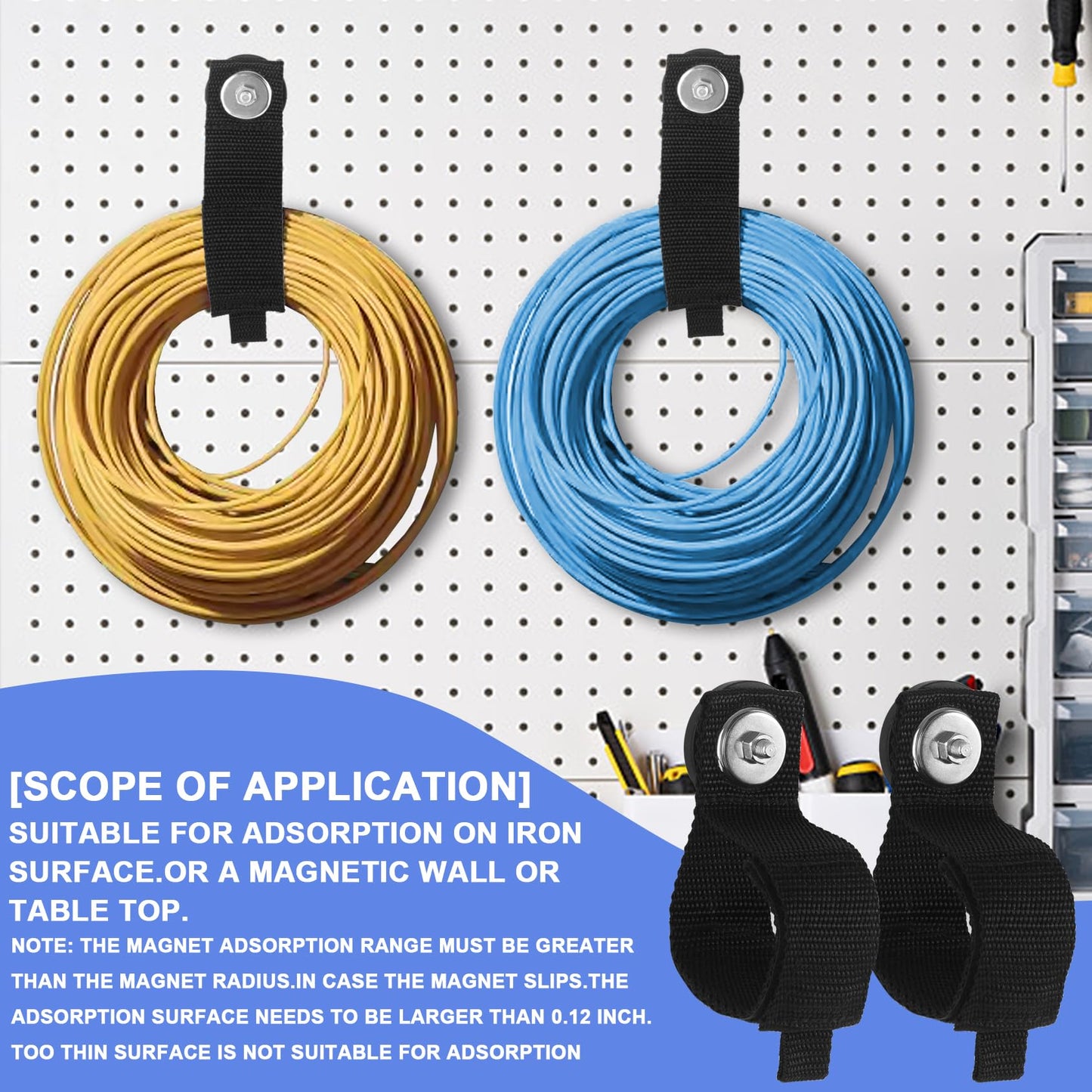 Kanemc 4PCS Magnetic Cable Storage Straps Heavy Duty, Extension Cord Holder Magnet Hooks for Hanging Cables Hoses Workshop Rope Garden Garage