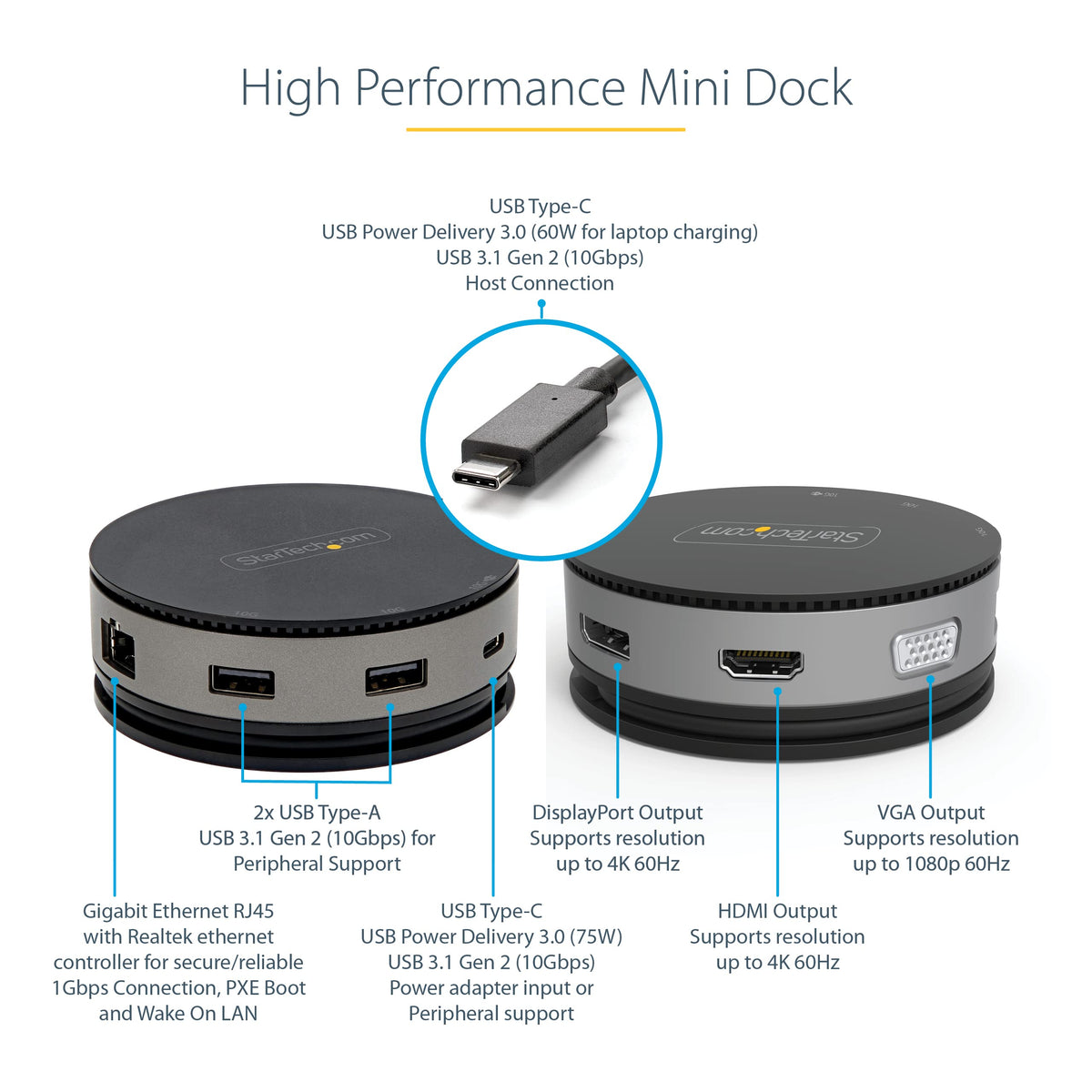 StarTech USB-C Mini Dock, 4K 60Hz HDMI DP or 1080p VGA, 75W PD, 3-Port Hub