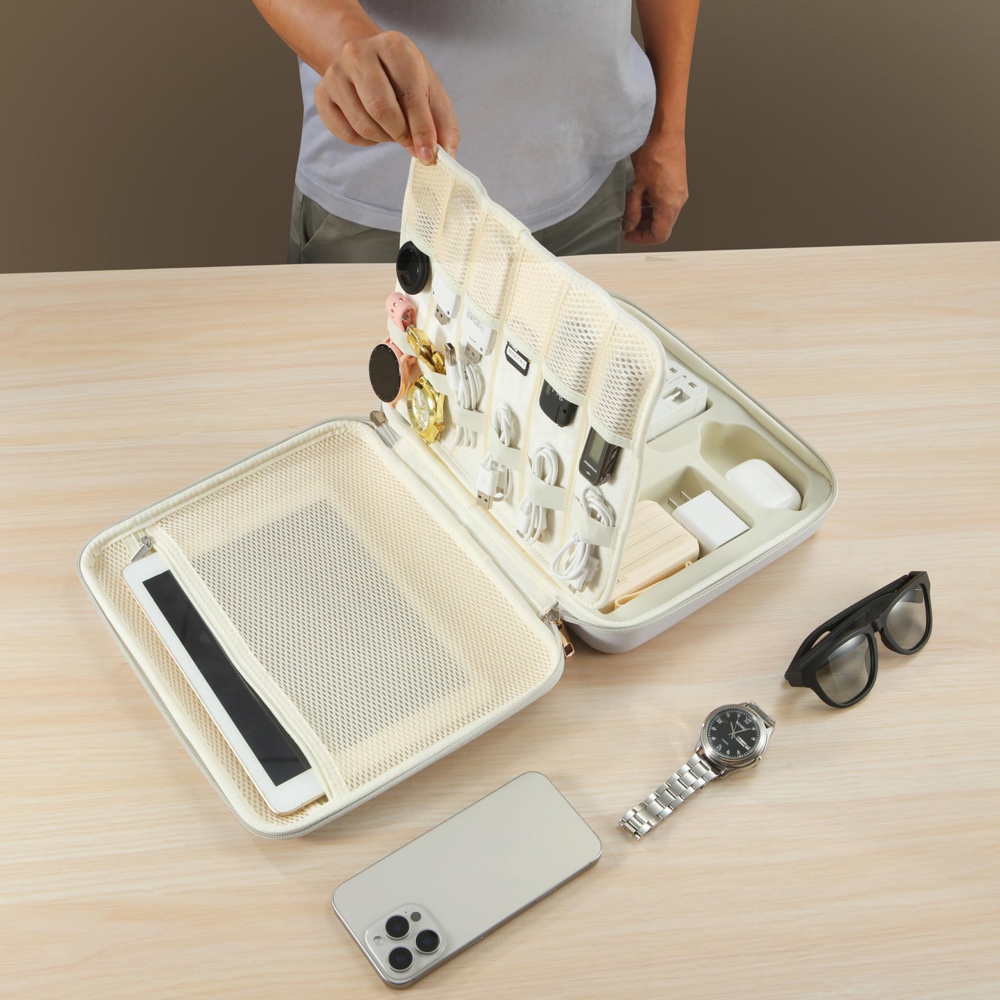 Electronics Organizer Case,Travel Essentials Bag for iPad,Tablet, Charger, Cables, Power Bank,Lapel Mic, Earphones, Watches, Tech Accessories Carry