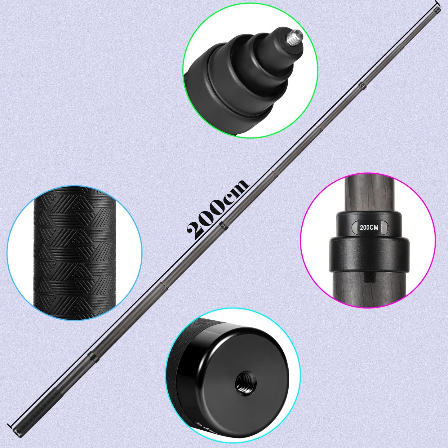 Kezhi 33cm Extended to 2m Long True Carbon Fiber Super Long Extend Invisible Selfie Stick for insta360 X5 x4 Insta 360 X5 x4 x3 x2 x one r rs for DJI