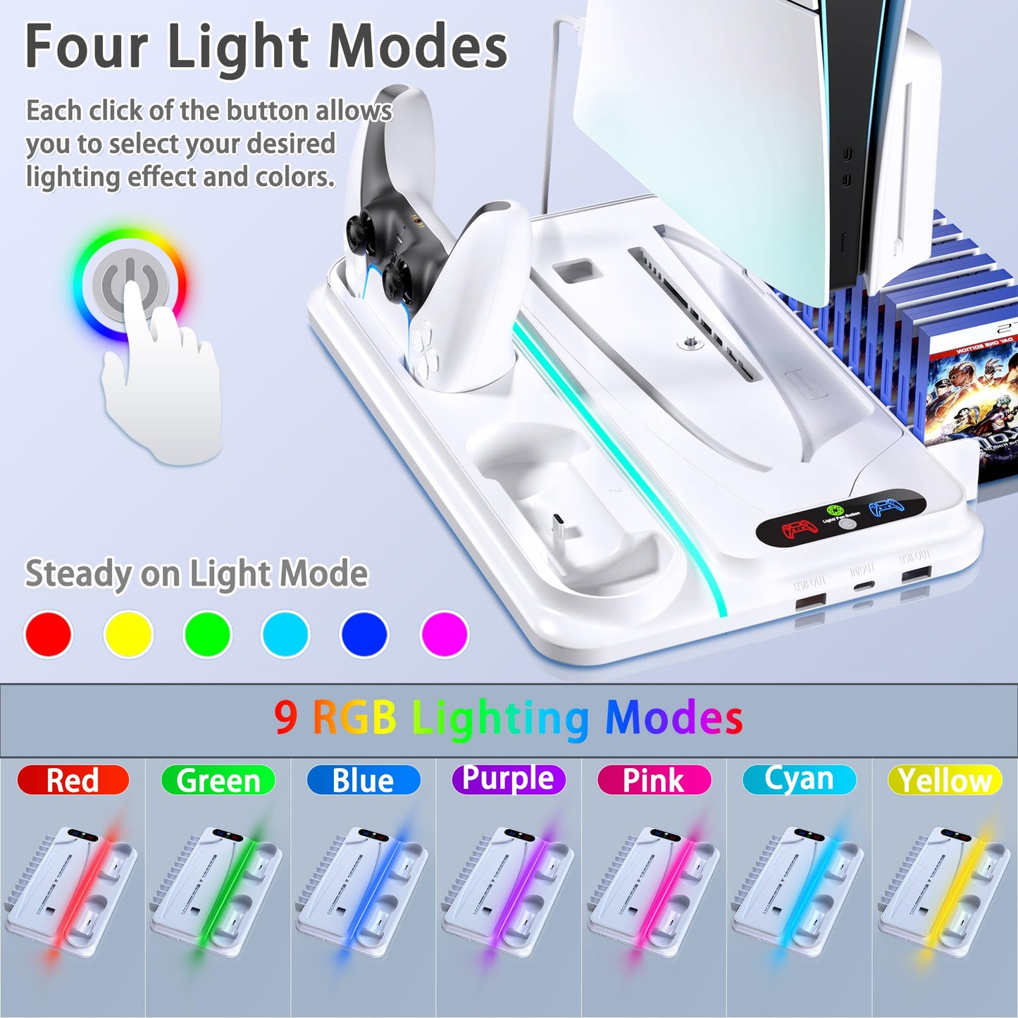 PS5 Cooling Station for PS5/Slim/Pro Disc Digital Console,PS5 Fan Cooling Fan with Dual PS 5 Controller Charger,3 Level Fan, RGB Light,12 Slot
