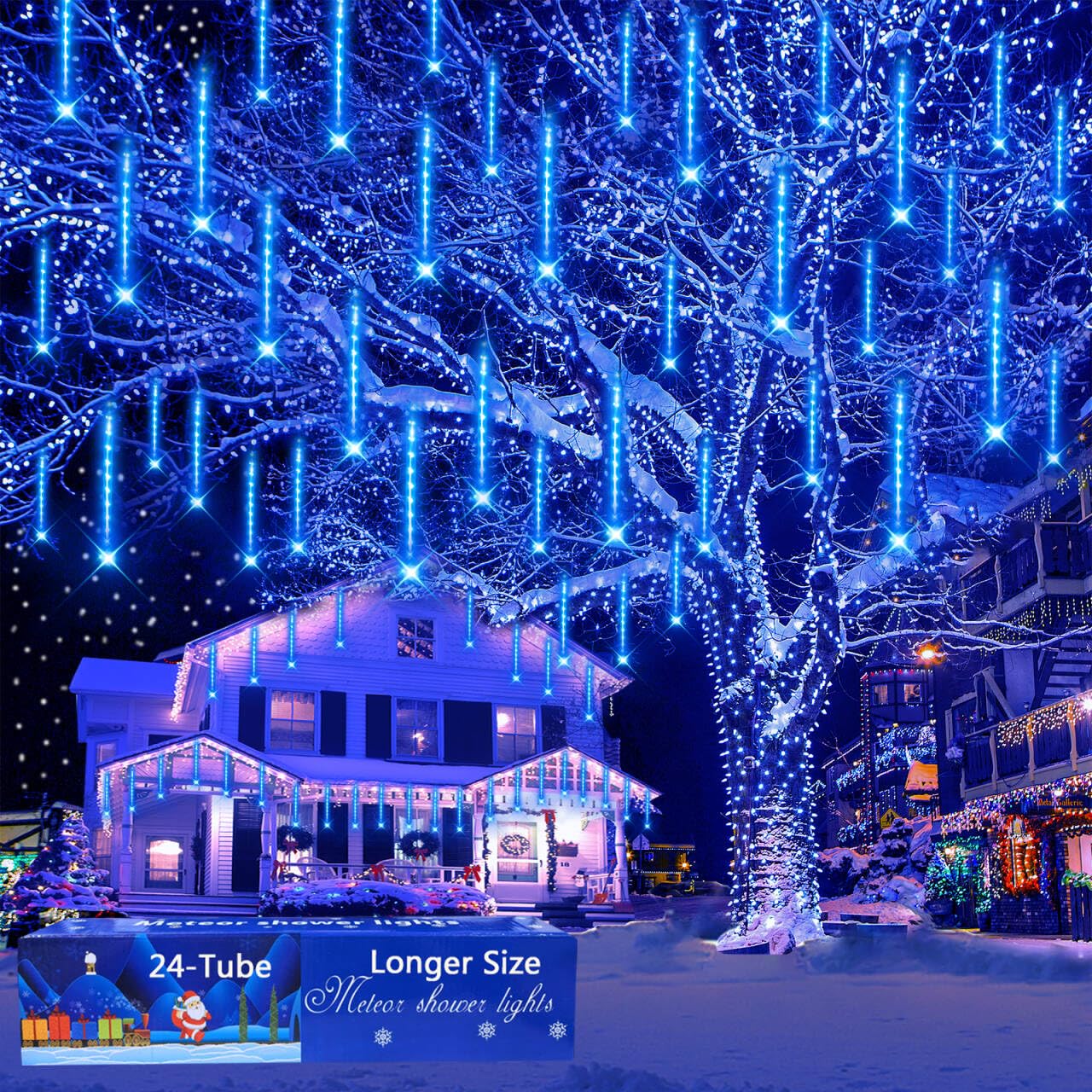 Aokudoni Outdoor Christmas Decorations: 24-Tube Meteor Shower Lights 576 LED Snow Falling Icicle Christmas Lights Outdoor for House Tree Yard Garden