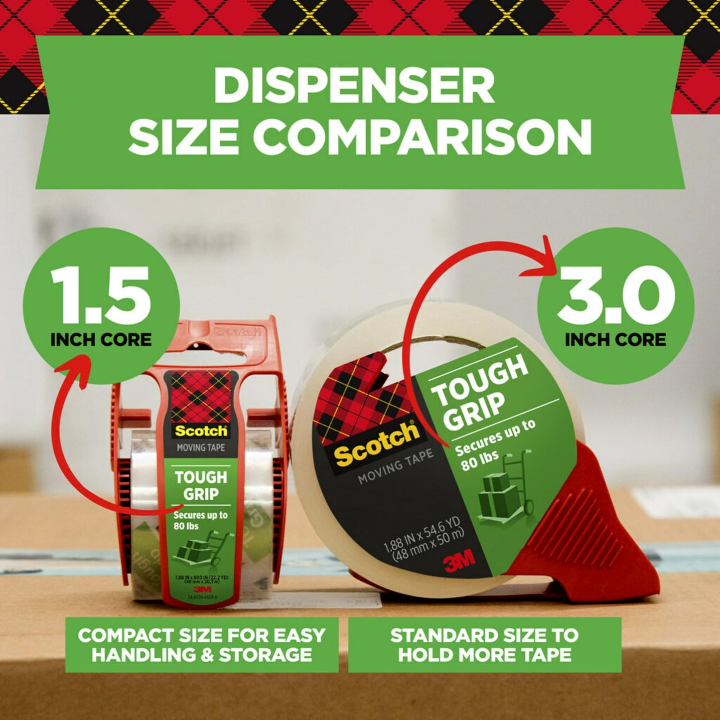 Scotch Tough Grip Moving Packing Tape, Clear, Moving Tape that Secures Boxes up to 80 Pounds, 1.88 in. x 22.2 yd., 6 Tape Rolls with Dispensers