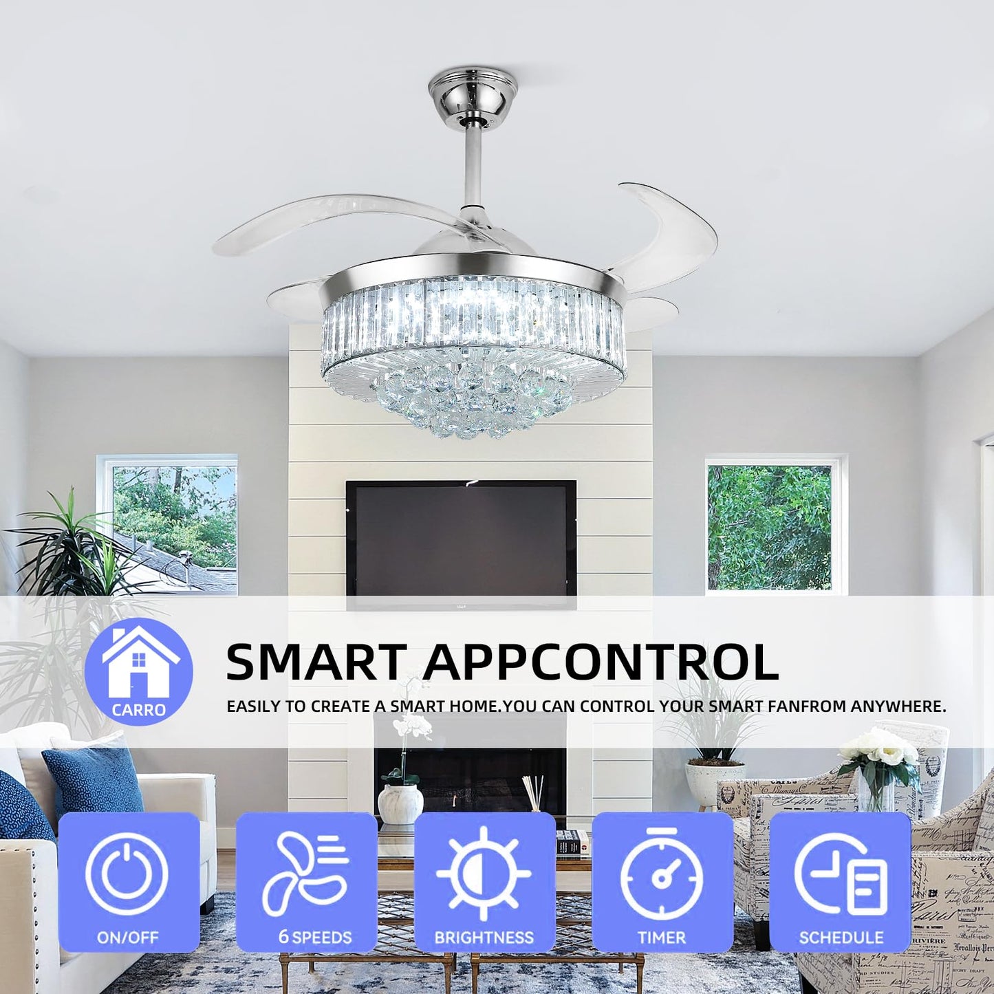42" Smart Retractable Crystal Ceiling Fan with Light: Alexa/Google Home & Remote, Bluetooth Speaker, Dimmable RGB Light, 6-Speed Reversible Fandelier