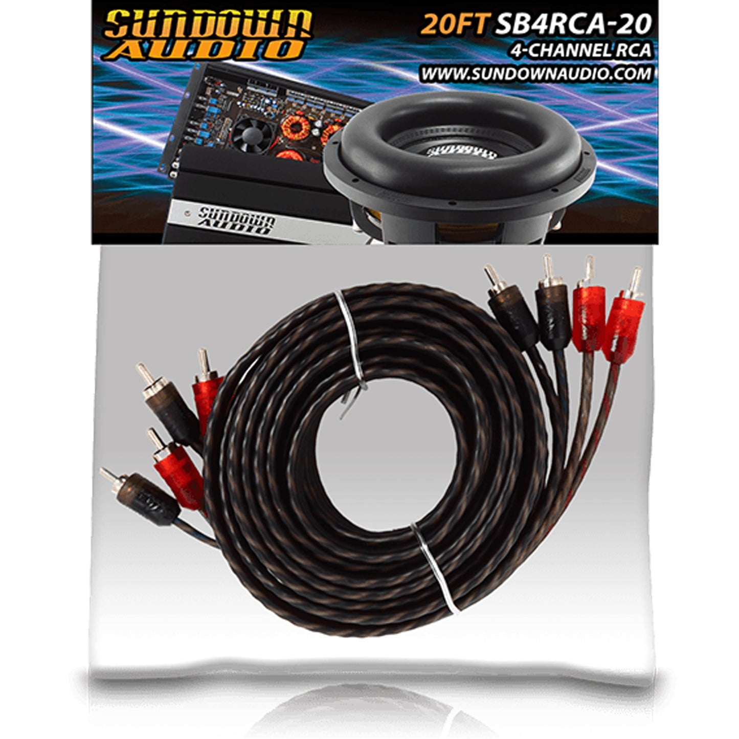 Sundown Audio SB4-20 RCA Cable - 4 Channel 20FT Stereo Audio Interconnect, Twisted Pair, Solid Conductor, High-Fidelity Sound, Rugged PVC Jacket