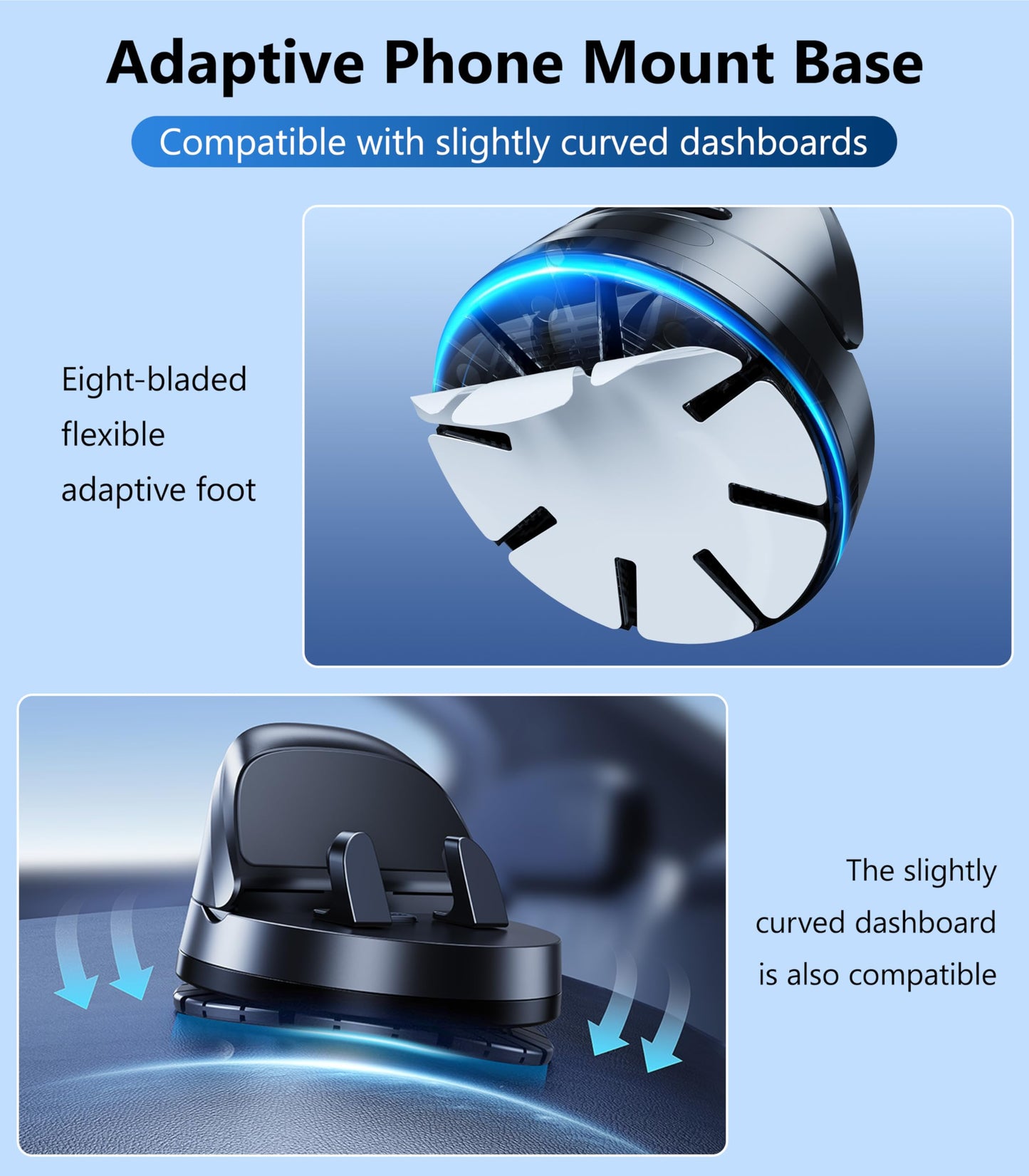 DICMKY Car Dashboard Phone Holder Mount, 360 °Rotating Curved Dash Automatic Clamping Cell Phone Mount with Adaptive Adhesive Base, Multifunctional