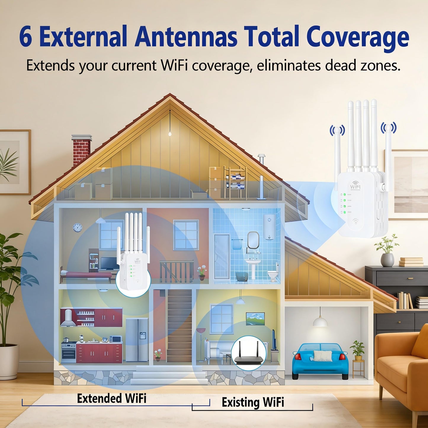 WiFi Repeater Signal Booster, 2026 Best WiFi Extender with Ethernet Port, WiFi Booster Dual Band 5GHz/2.4GHz, Up to 9800 Sq.ft and 60 Devices, Stable