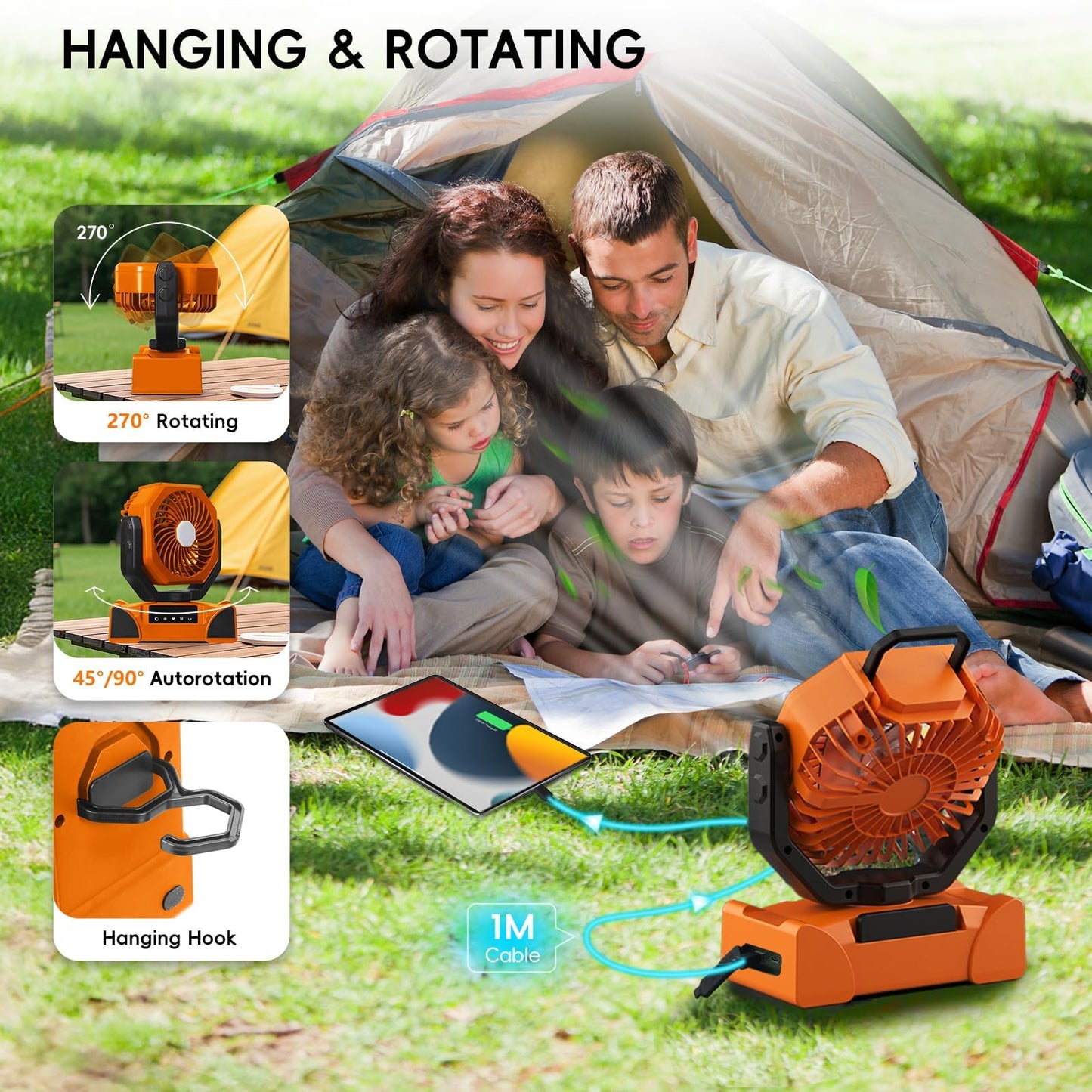 Portable Camping Fan, 20000mAh Rechargeable Battery Operated with LED Light