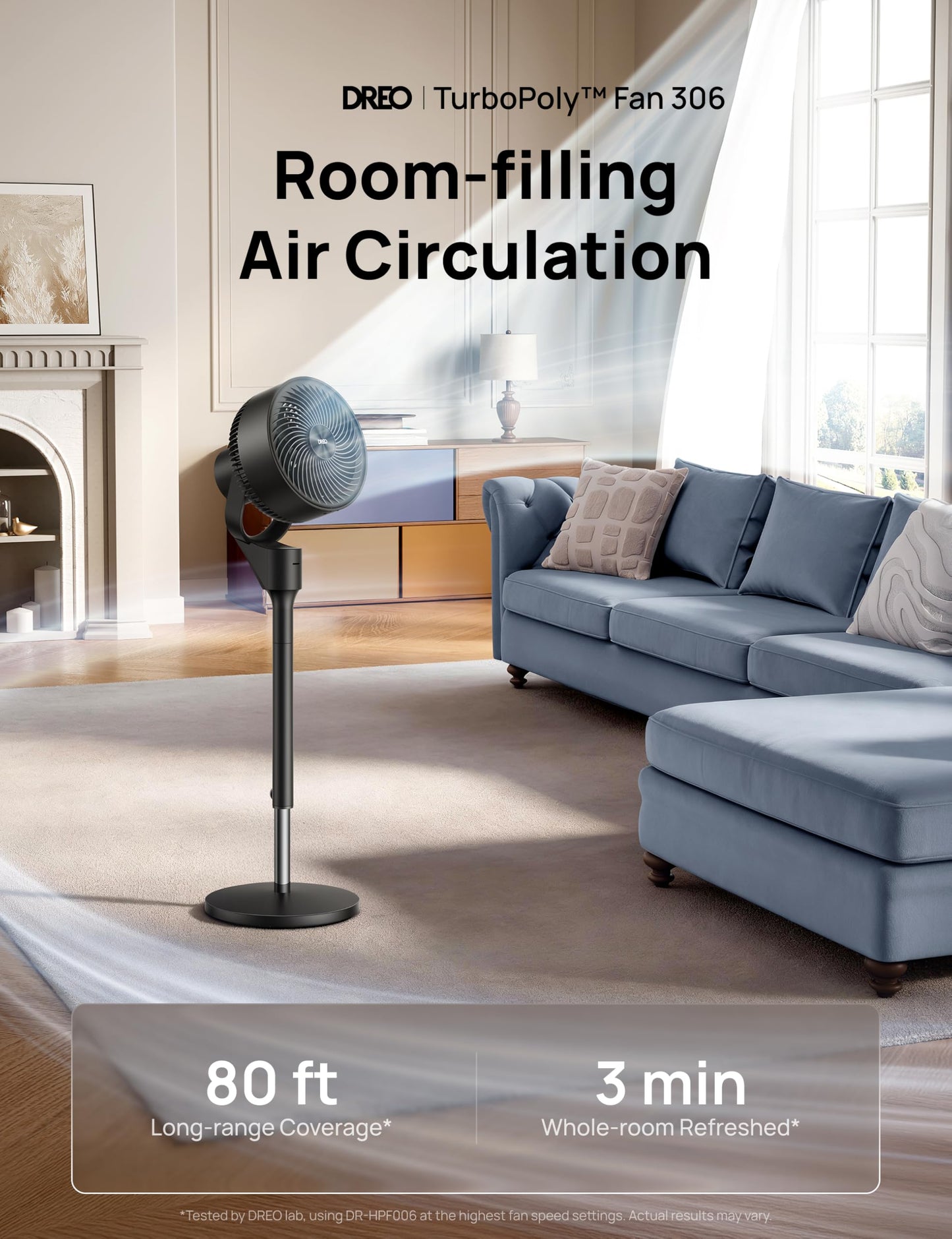 DREO Fan for Bedroom, 80° Oscillating Standing Fan, 20dB Quiet, 80ft Pedestal Fans for Home Office, 90° Manual Vertical, 3 Speeds, Remote, 34-41"