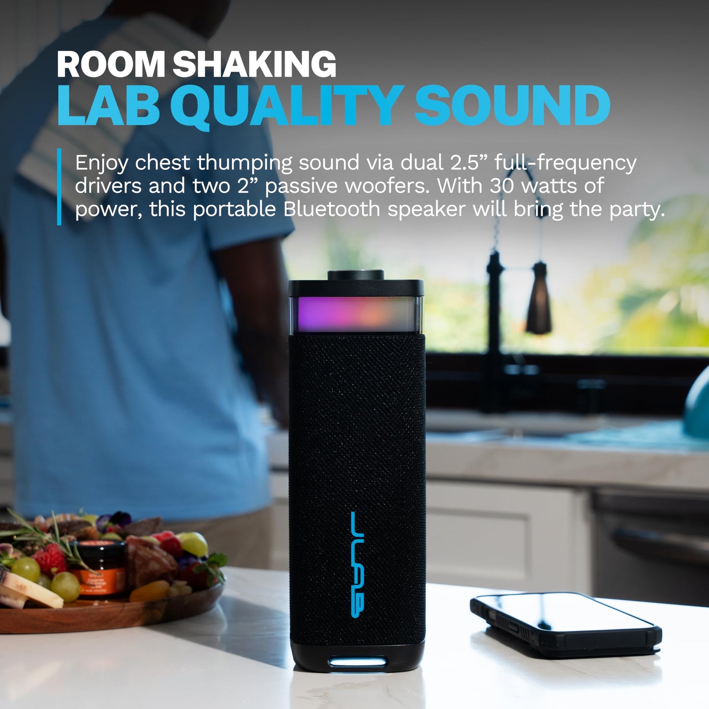 JLab JBuds Party Portable Bluetooth Speaker, 2 Full-Range Drivers + 2 Passive Woofers, IP56 Waterproof, 12 Hours Playtime, Connect Multiple Speakers
