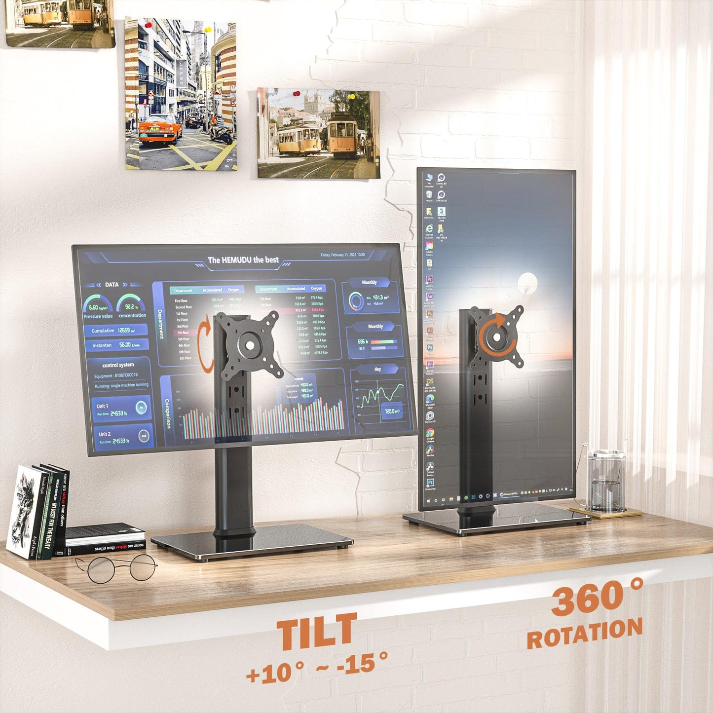 Hemudu 2 Pack Single LCD Computer Monitor Free-Standing Desk Stand Riser for 13 inch to 32 inch Screen with Swivel, Height Adjustable, Rotation, Holds