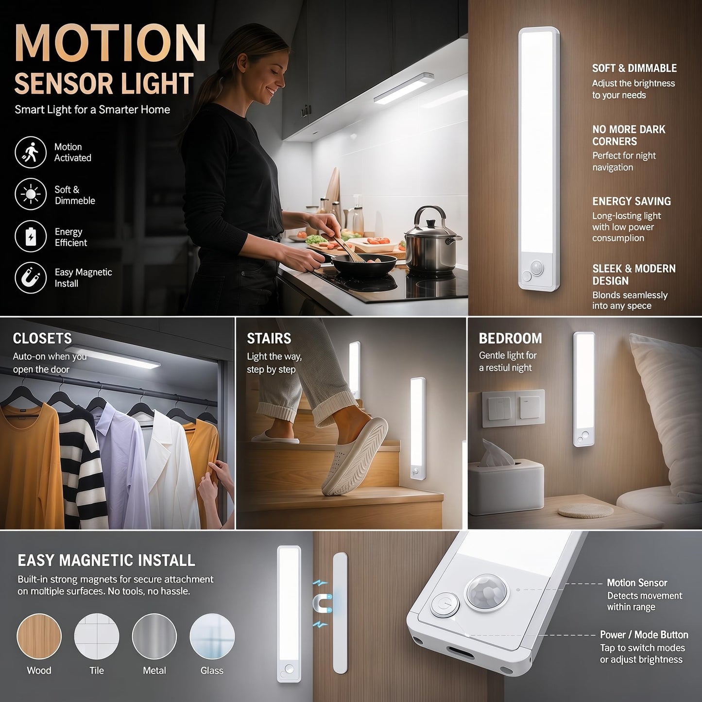Under Cabinet Motion Sensor Lighting: Dimmable Rechargeable Lights Indoor - Battery Operated Lights - Undercabinet Wireless Closet Light Magnetic Led