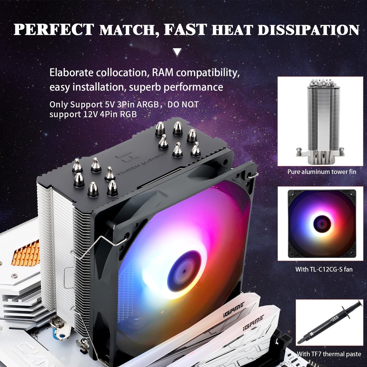 Thermalrlght Burst Assassin 120 ARGB CPU Cooler, 120mm PWM Quiet Fan ARGB CPU Air Cooler with 1550RPM Speed, for Intel 1700/1150/1151/1200