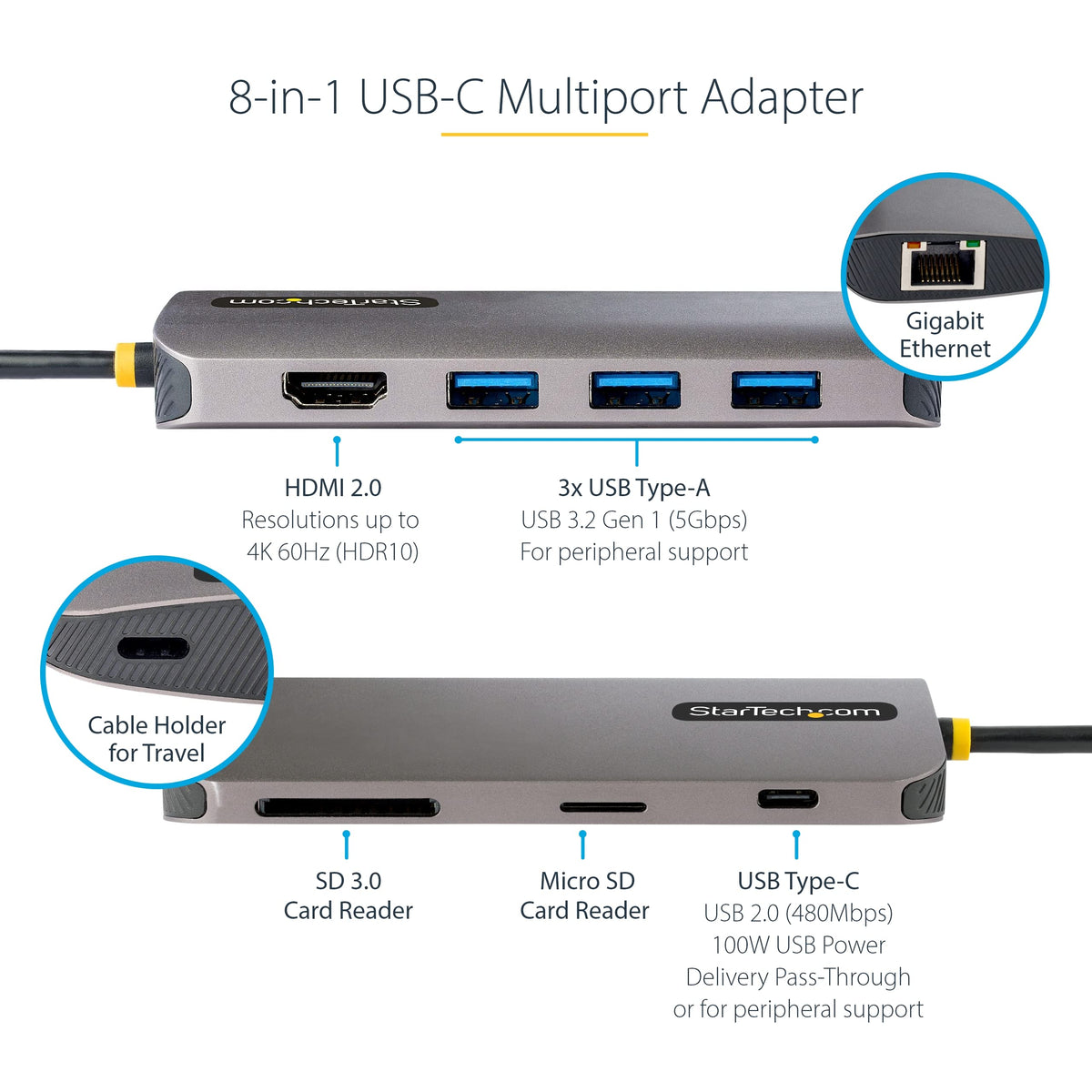 StarTech 8-in-1 USB-C Dock, 4K HDMI, USB 5Gbps, Gigabit Ethernet, SD, 100W