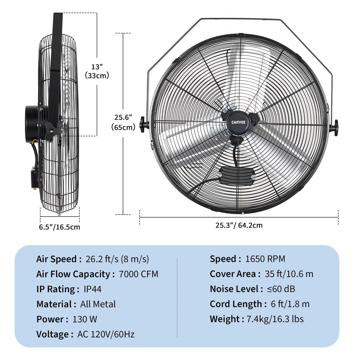 Garvee 24 Inch Wall Mount Fan, 7000 CFM 3 Speeds High Velocity Industrial Fan with 360° Tilt Head, IP44 Waterproof Heavy-Duty Aluminum Blades