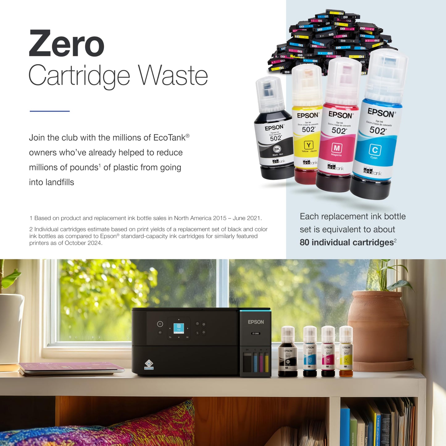 Epson EcoTank ET-2980 Wireless All-in-One Color Supertank Printer with up to 3 Years of Ink Refillable Tanks, Perfect for Home, 15 PPM, 1.44" Colorful