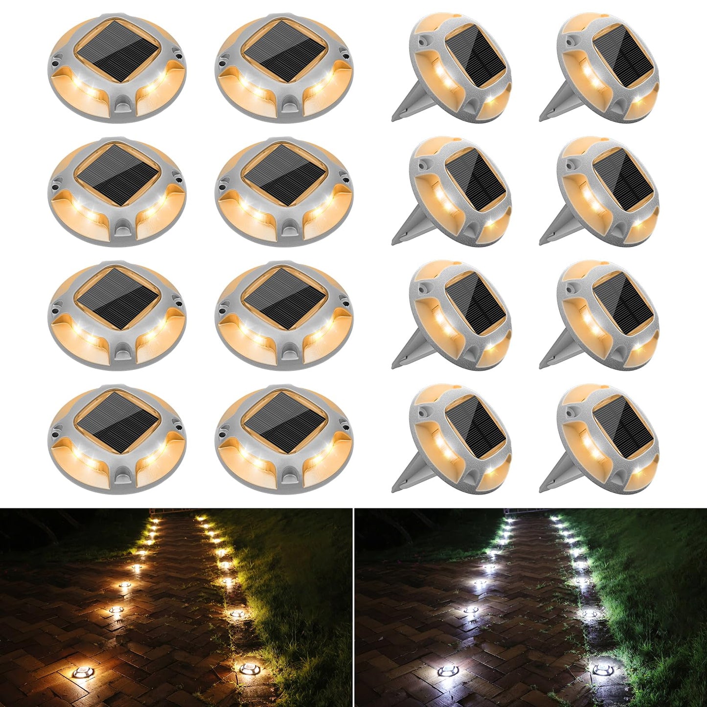 VOLISUN Solar Driveway Lights Dock Deck Lights 16 Pack,2 Colors in 1 Led IP67 Waterproof Outdoor Warning Step Lights for Driveway Sidewalk Pathway