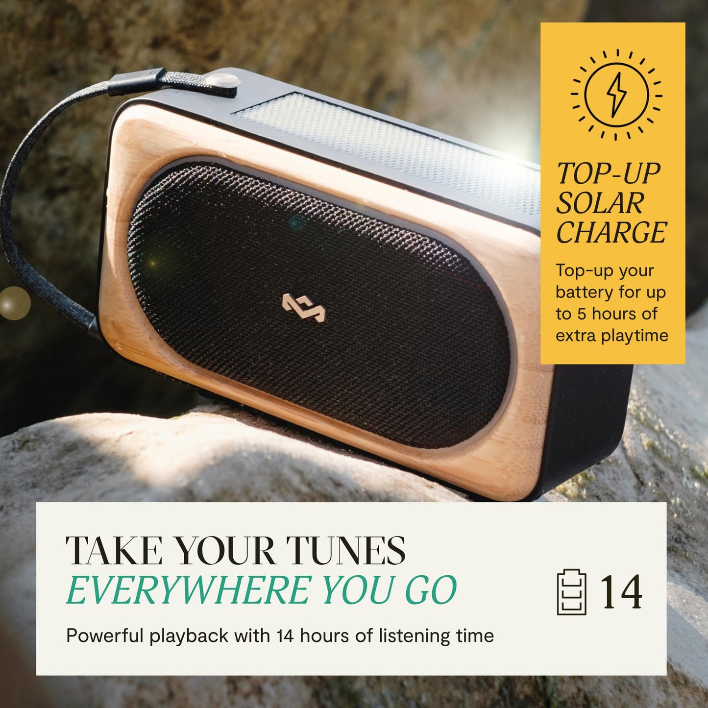 House of Marley Roots Solar Speaker - Portable Bluetooth, IP67 Water-Resistant, 14 Hr Playtime, Solar Charging, Quick Charge, Bottle Opener, Stereo