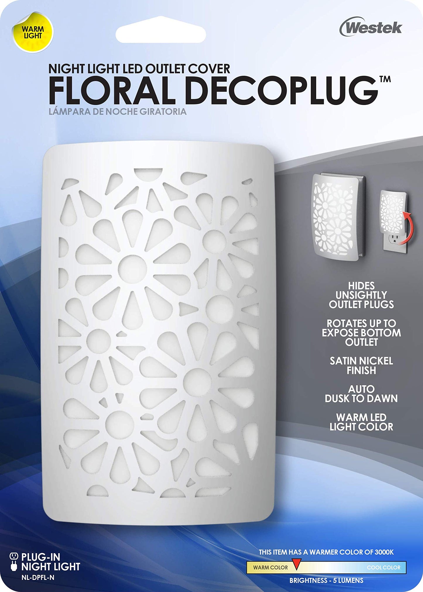 Westek NL-DPFL-N Floral Decoplug Night Light, Satin Nickel