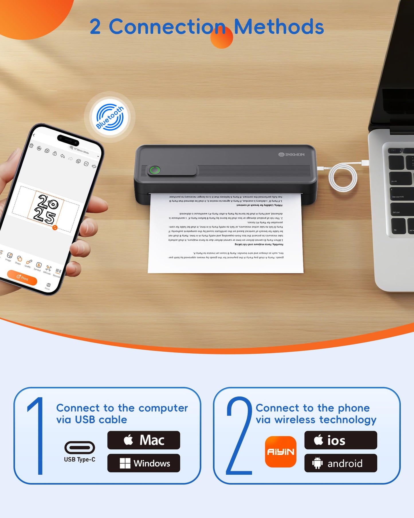 InkWon A41 Bluetooth Thermal Printer, Portable Inkless Printer for Travel Supports 8.5 x 11 Inch Paper, Small Mobile Printing Device Ideal for Office
