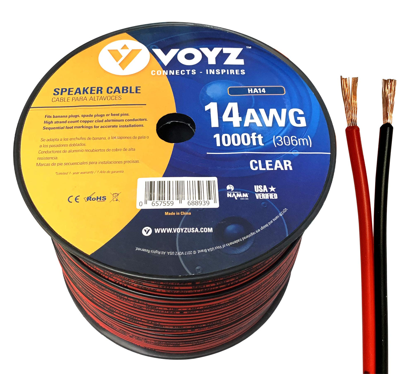 VOYZ 14 AWG Speaker Wire Cable with Flex Oxygen Free Black/RED PVC Sheathing - Ideal for Solar Panels, Home Theater Speakers and Car Speakers