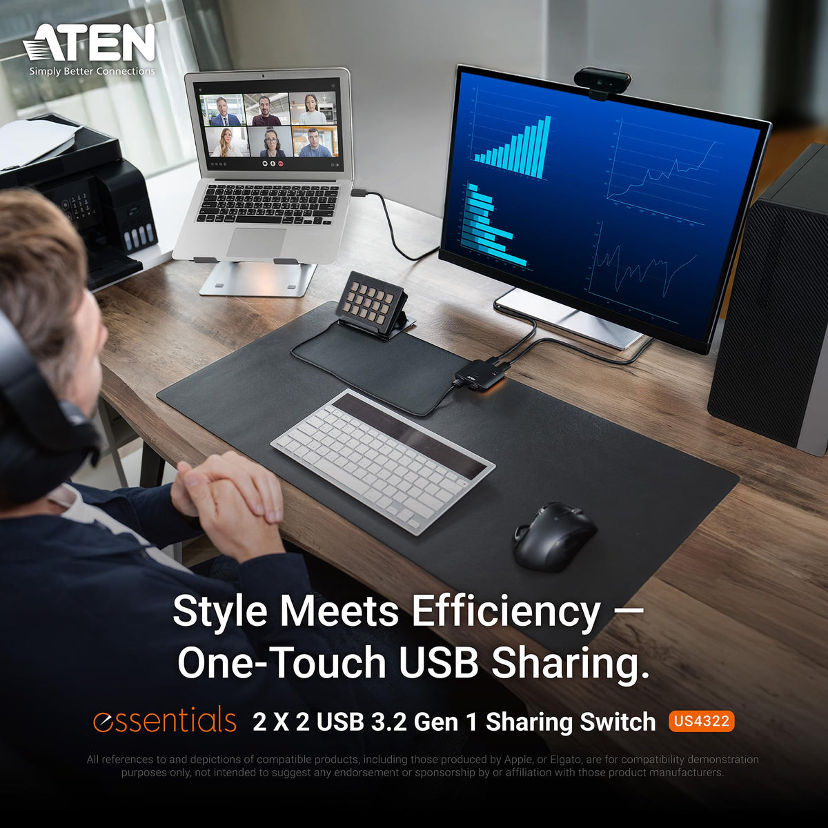 ATEN Essentials US4322 2 x 2 USB 3.2 Gen 1 Sharing Switch, Share 2 USB Peripherals Between Two Computers, 5 Gbps, Quick Switch, Compact, Windows