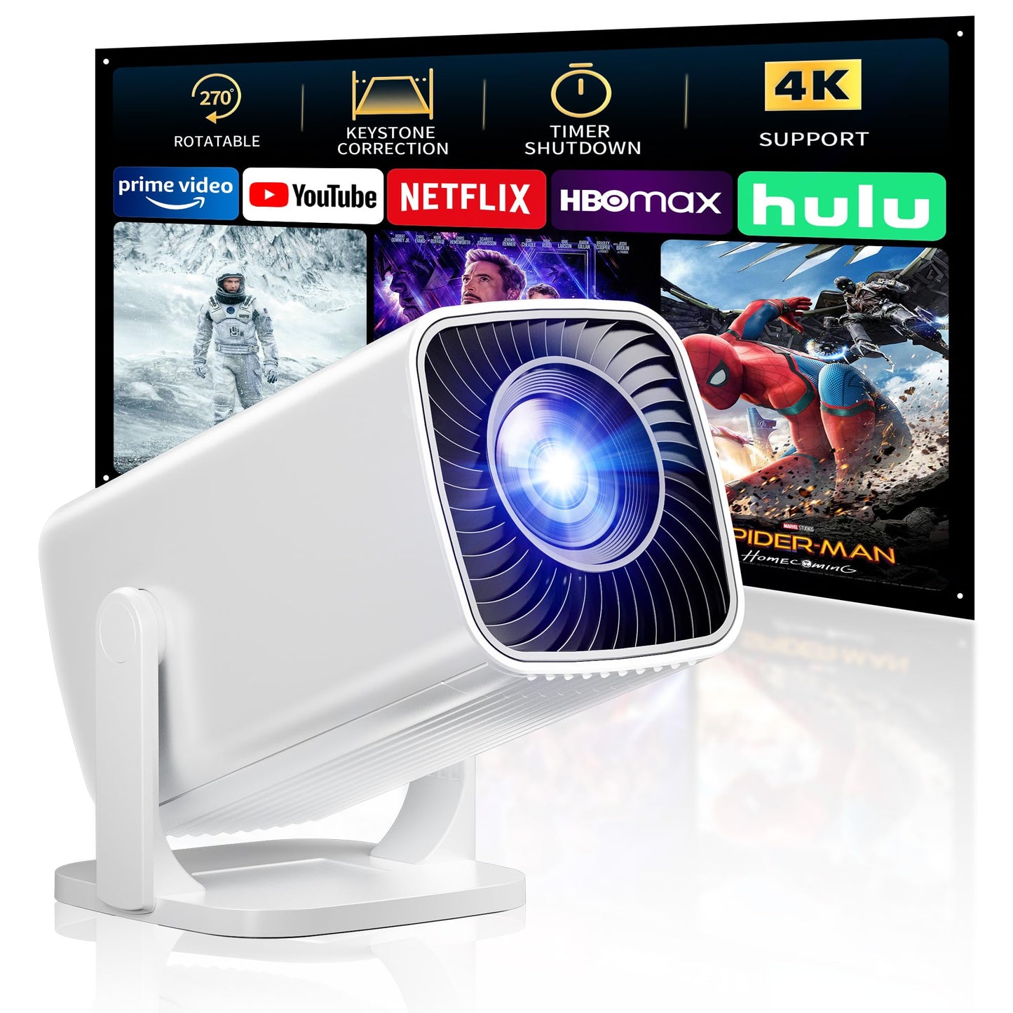 Mini Projector, Portable Proyector Full HD 1080P, Home Theater Projector with 270° Stand, Compatible with Smartphone/TV Stick/Laptop/Game Consoles/USB
