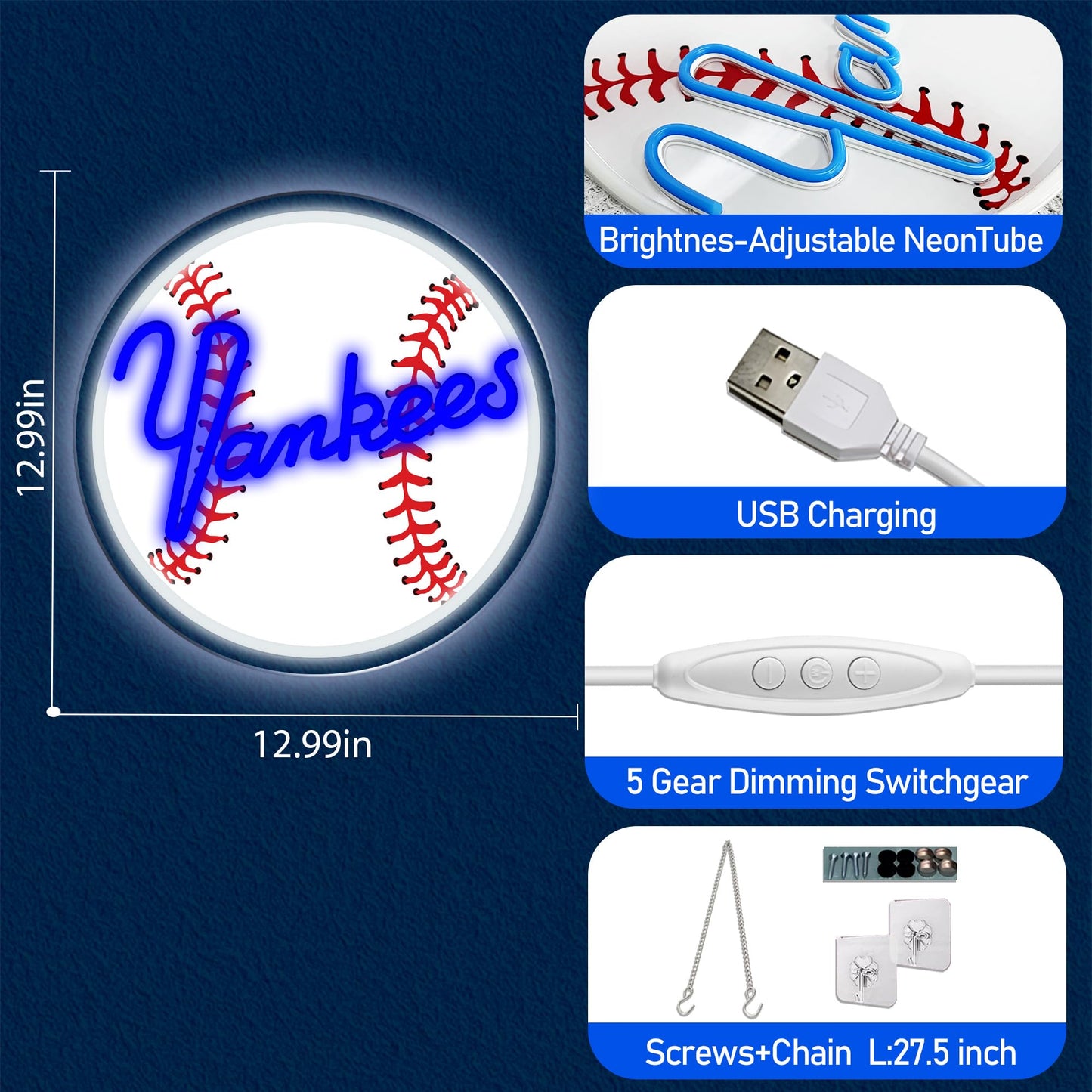 NY Baseball Neon Sign, New York Cool Light Up Dimmable NY Baseball Team Logo Hanging Led Neon Sign for Wall Decor, Bedroom, Party, Man Cave, Garage