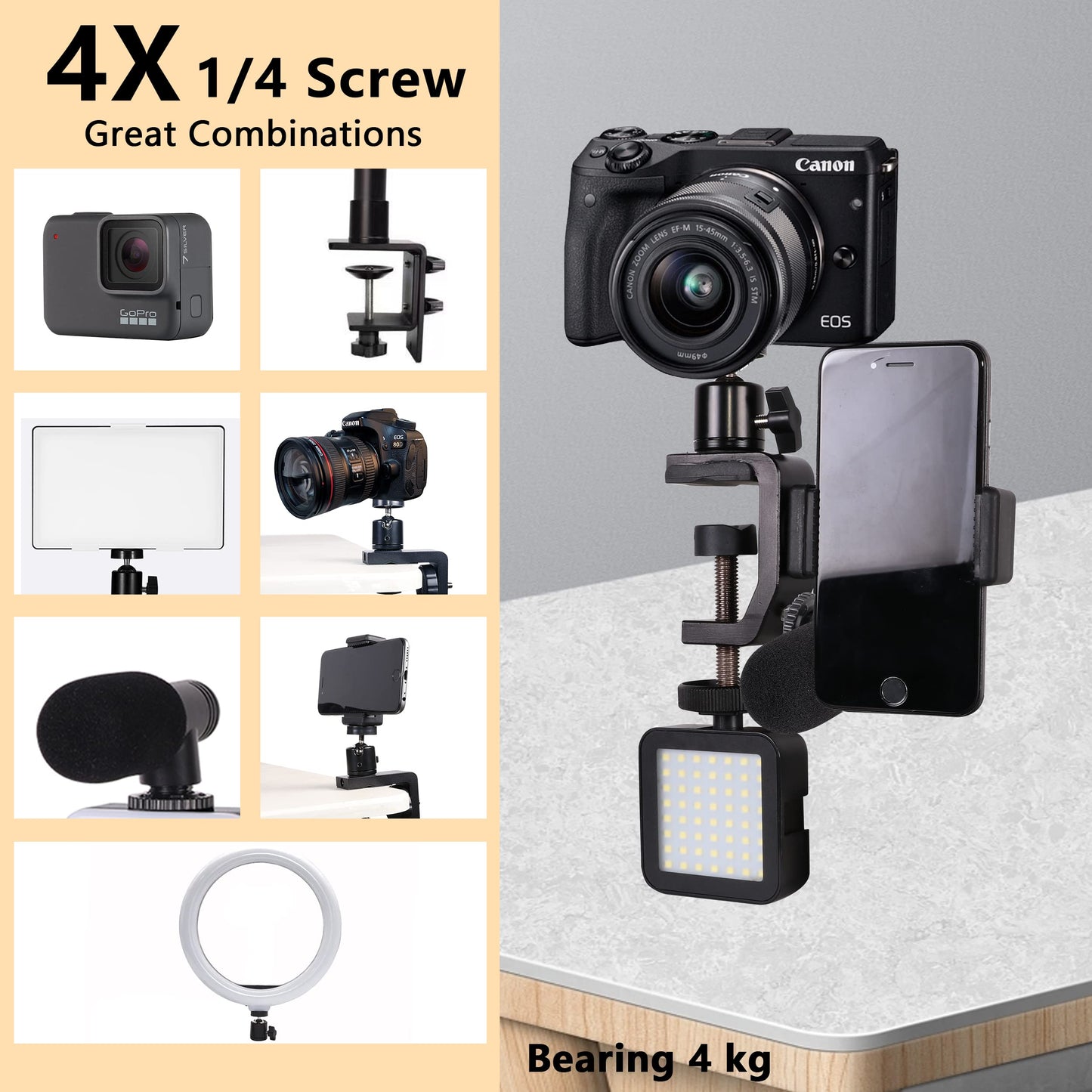QYXINC C Clamp Camera Clamp Mount with 1/4" Screw for Photo Studio Video DSLR,Cameras, Light Stand, Desk, Rods, Hooks, Shelves, Cross Bars