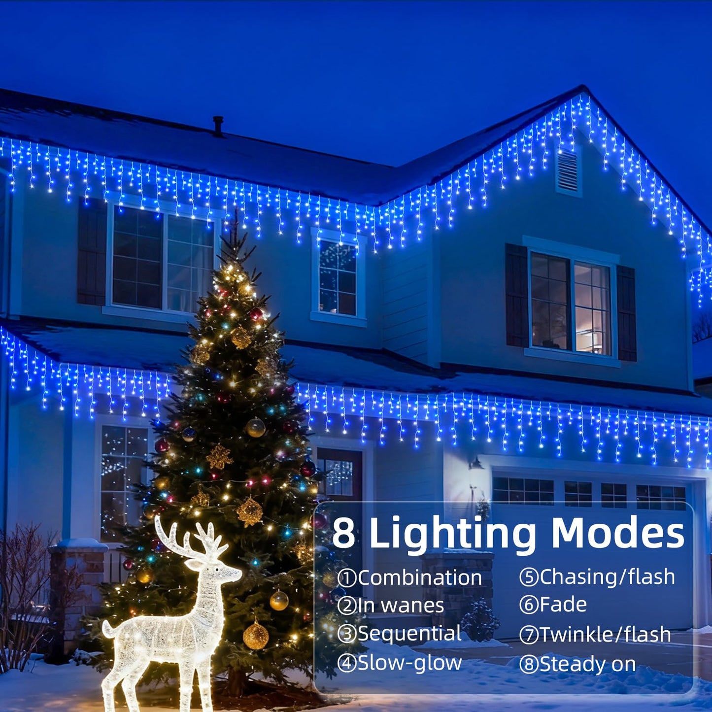 BYIZO Christmas Outdoor Icicle Lights - 480 LED 66+33 FT 8 Modes Curtain Fairy String Light Plug in, Waterproof for Eaves Yard Holiday Xmas Holiday