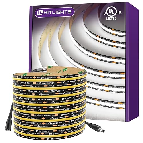 HitLights White LED Strip Lights 5000K, 16.4ft Premium 12V COB Tape Light High Density, 2400 LEDs, 305+ LM/FT, CRI 90+, IP30, Lighting for Kitchen