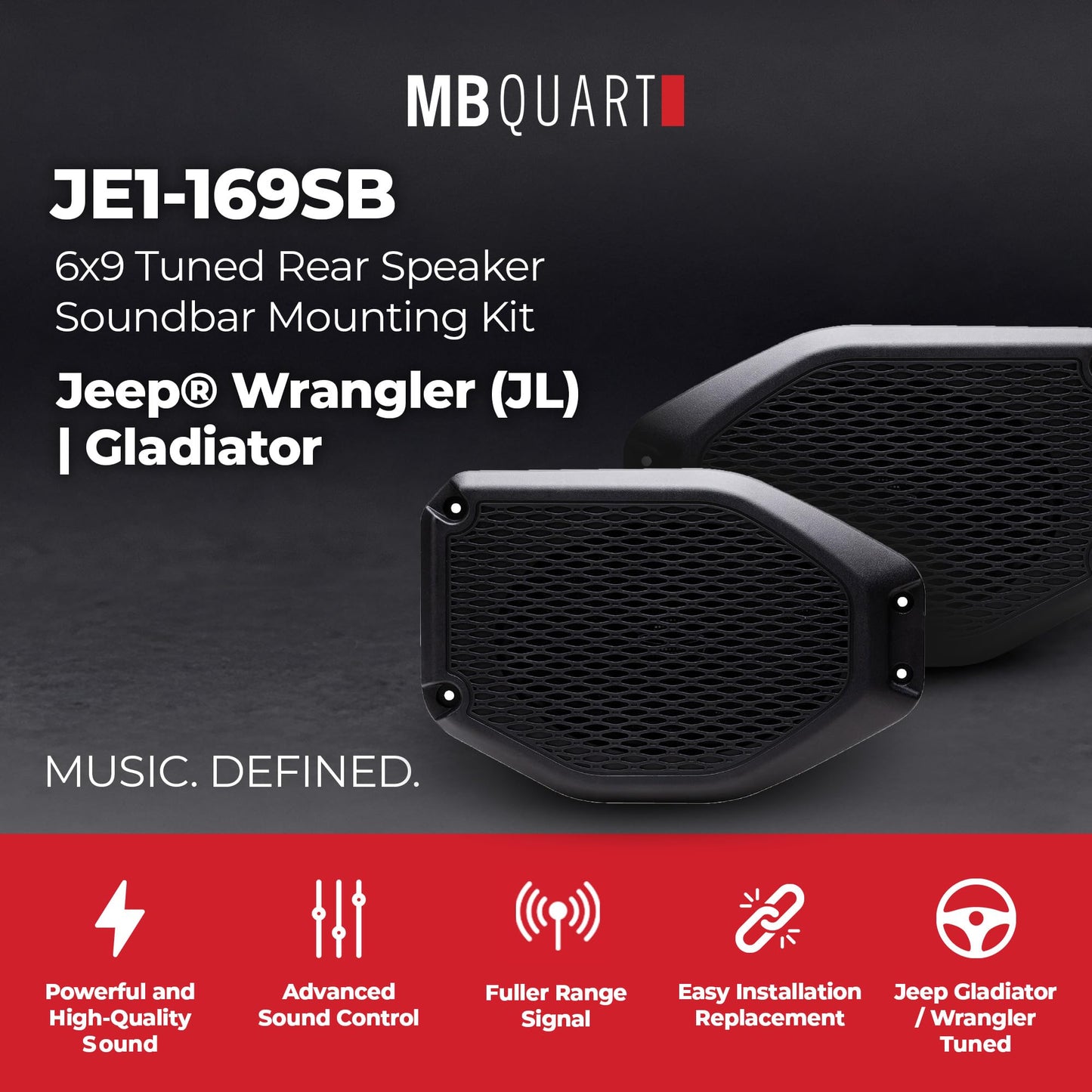 MB Quart 6x9 Inch Rear Speaker Soundbar Mounting Kit for Jeep Wrangler JL 2018-2023 and Jeep Gladiator JT 2020-2023, Requires 6x9" Speakers