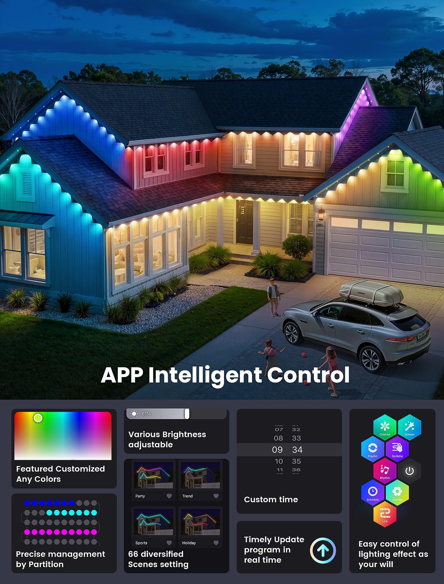 Qunlight Permanent Lights Outdoor,Smart RGB LED Lights with 66 Scene Modes,50FT LED Eaves Lights IP67 Waterproof,Color Changing String LED Lights