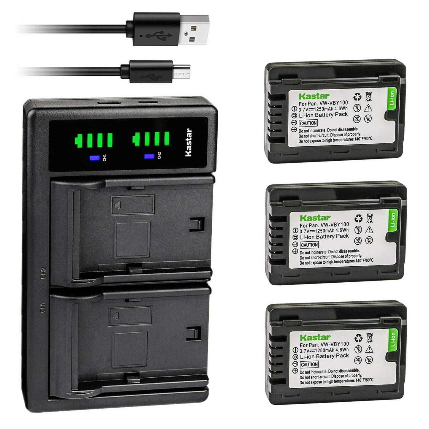 Kastar 3-Pack Battery and LTD2 USB Charger Compatible with Panasonic VW-VBY100 Battery, Panasonic HC-V110 HC-V110G HC-V110GK HC-V110K HC-V110P