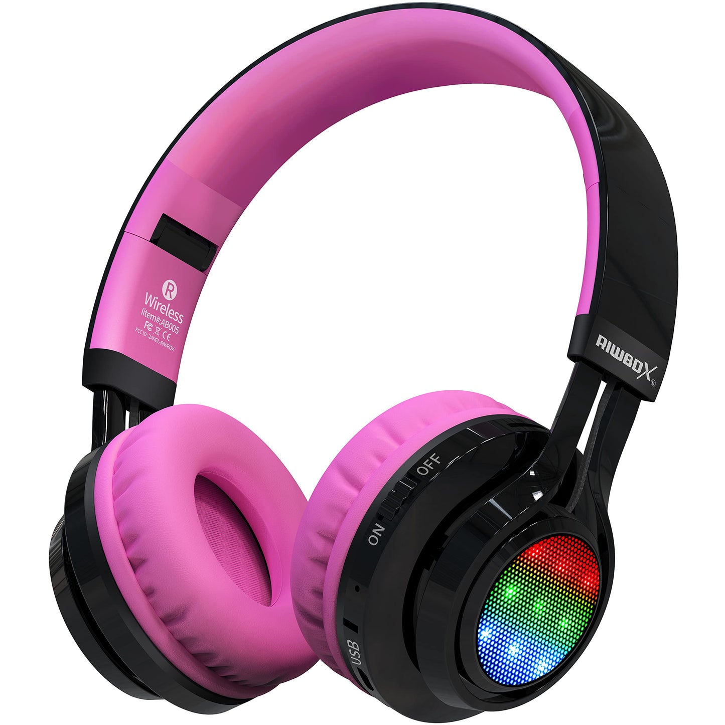 Riwbox Bluetooth Headphones for Kids, AB005 Wireless Kids Headphones V5.3 with Microphone Foldable Headset with LED Light and TF Card FM Radio