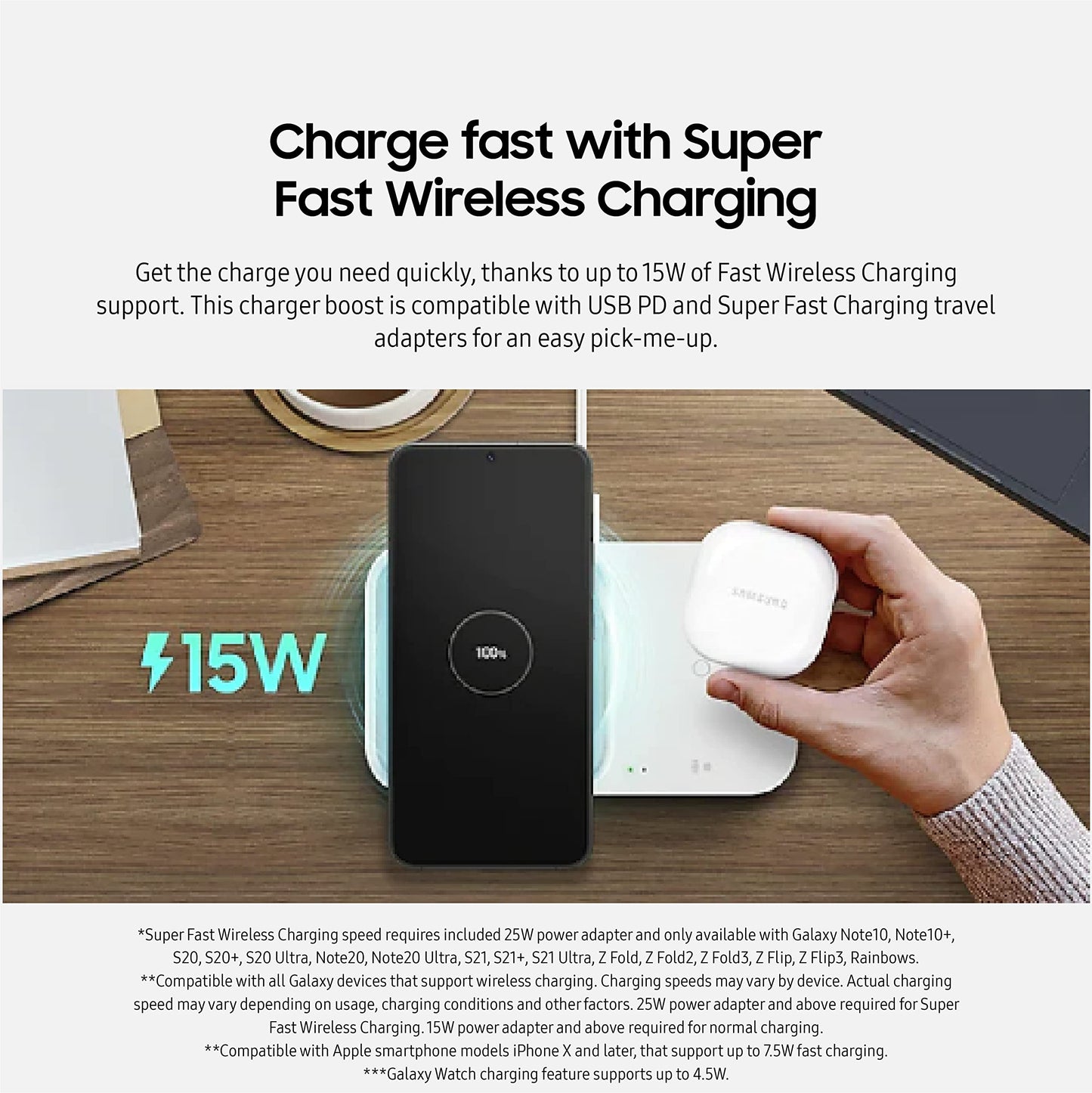 SAMSUNG 15W Wireless Charger Duo w/USB C Cable, Charge 2 Devices at Once, Cordless Super Fast Charging Pad for Galaxy Phones and Devices, 2022, US