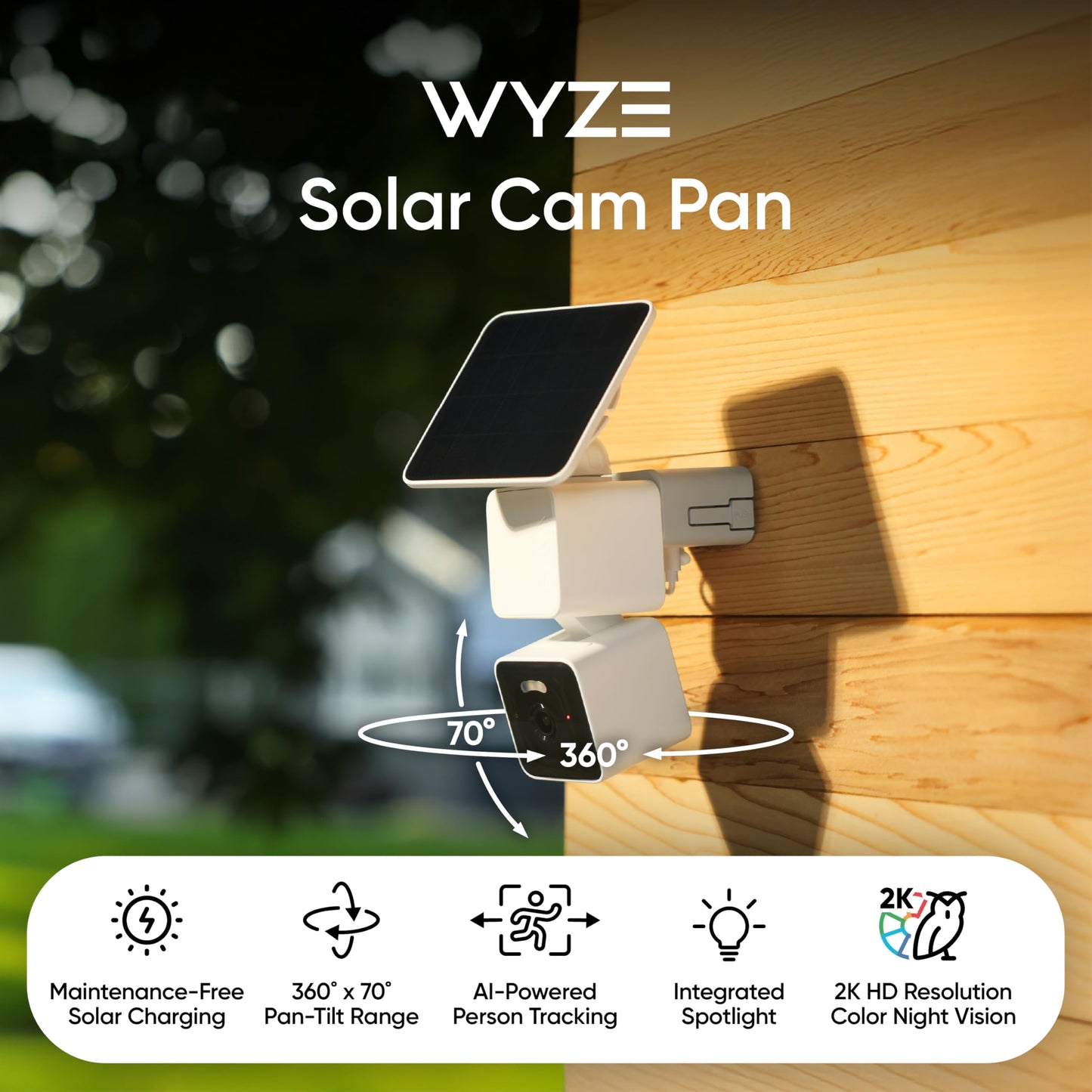 WYZE Solar Cam Pan (Flagship Model), Security Cameras Wireless Outdoor, 2K 360° Pan-Tilt Battery Powered 2.4GHz Wi-Fi Cameras for Home Security, AI