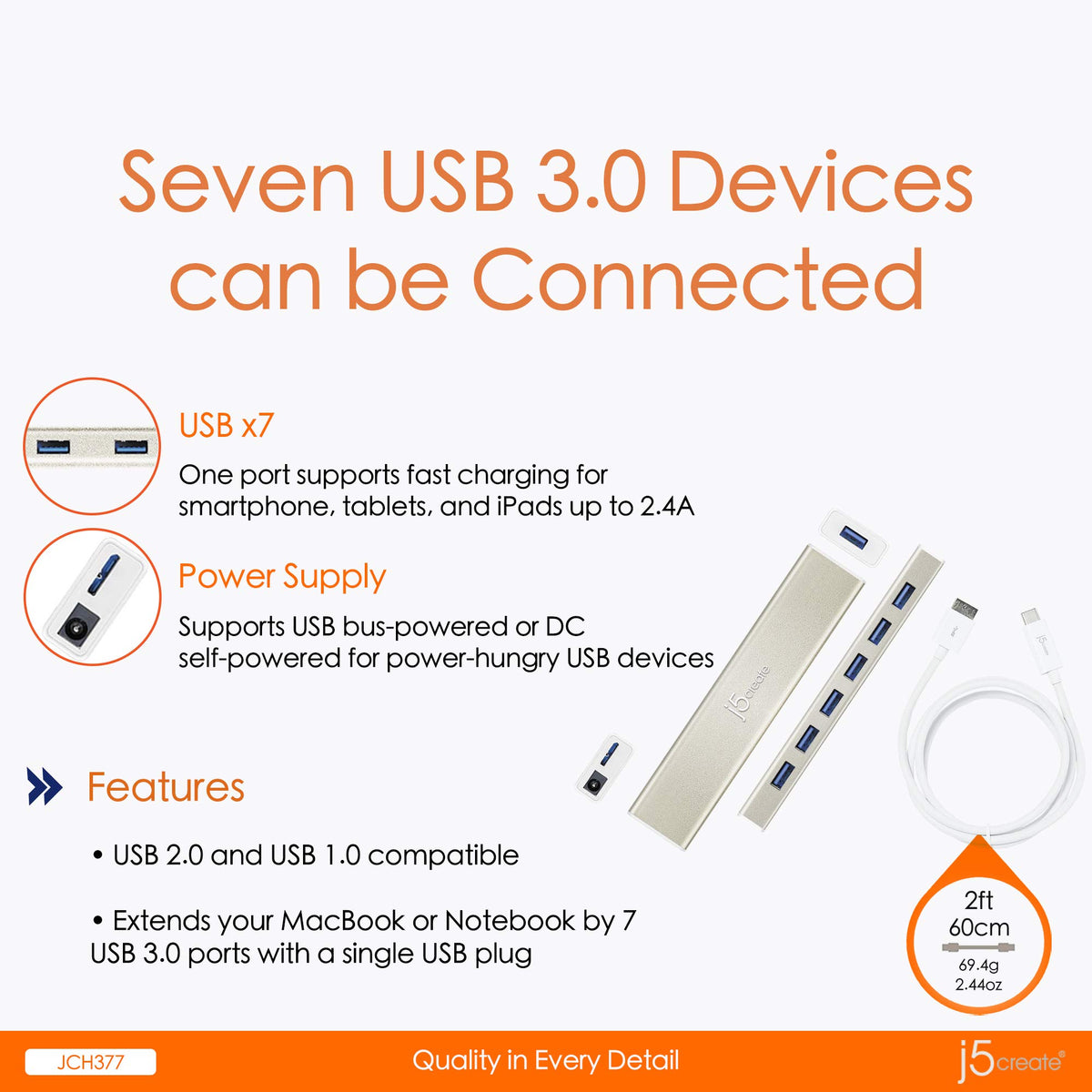 j5create USB Type-C to 7-Port USB 3.0 Data Hub with 3 ft Extended Cable