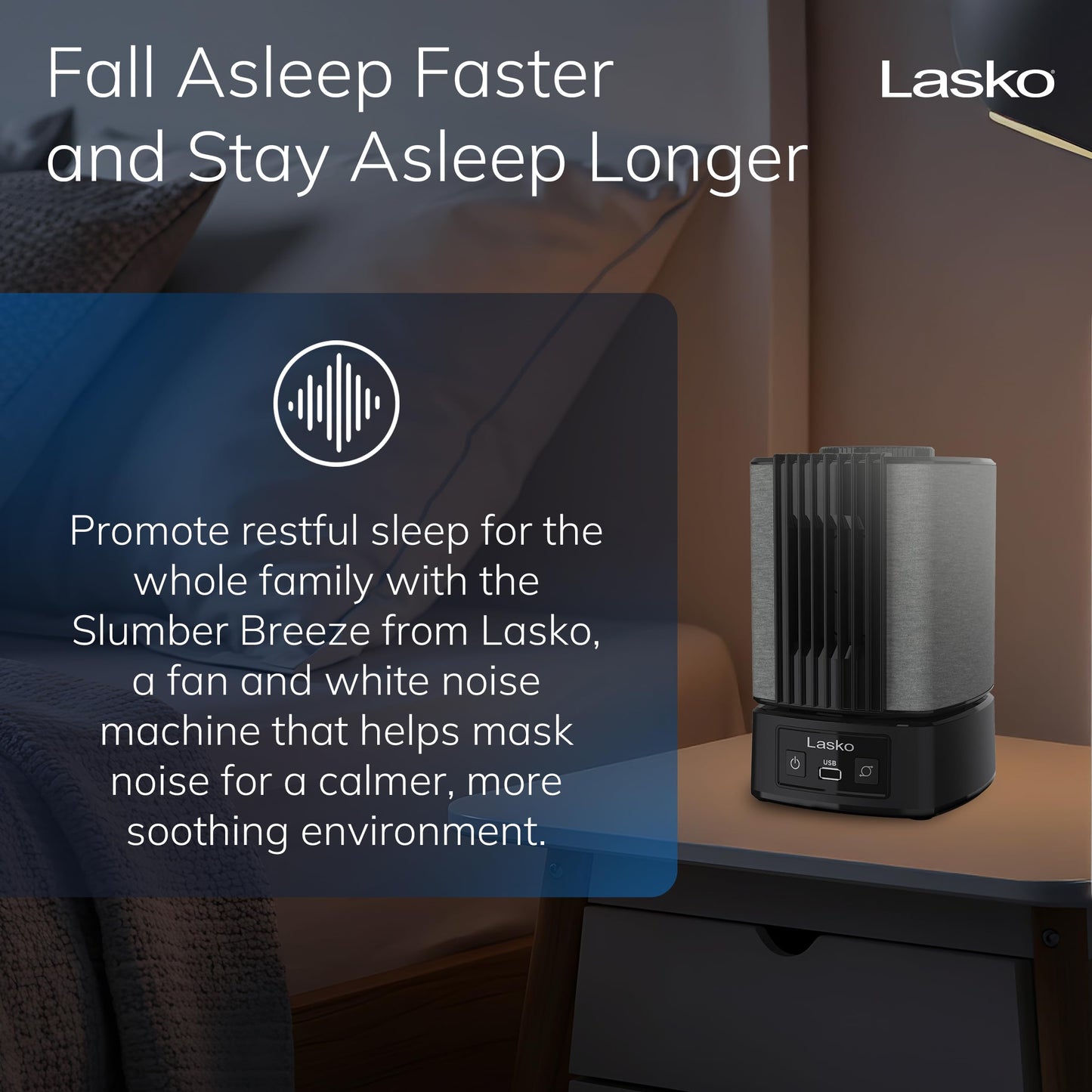 Lasko SlumberBreeze 2-in-1 Small Table Fan and White Noise Machine for Better Sleep in the Bedroom and Focus in the Home Office, Black, SB100