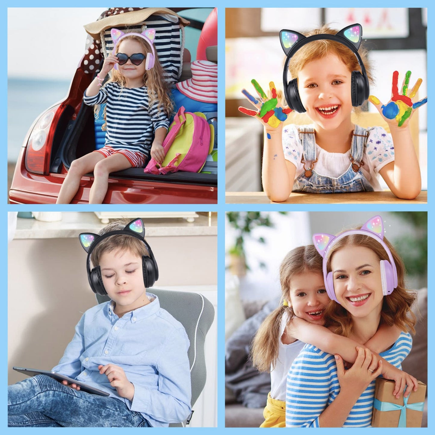 kuyaon Wireless Kids Headphones for Boys Girls, Cat Ear LED Light Up Bluetooth Headphones with Microphone…