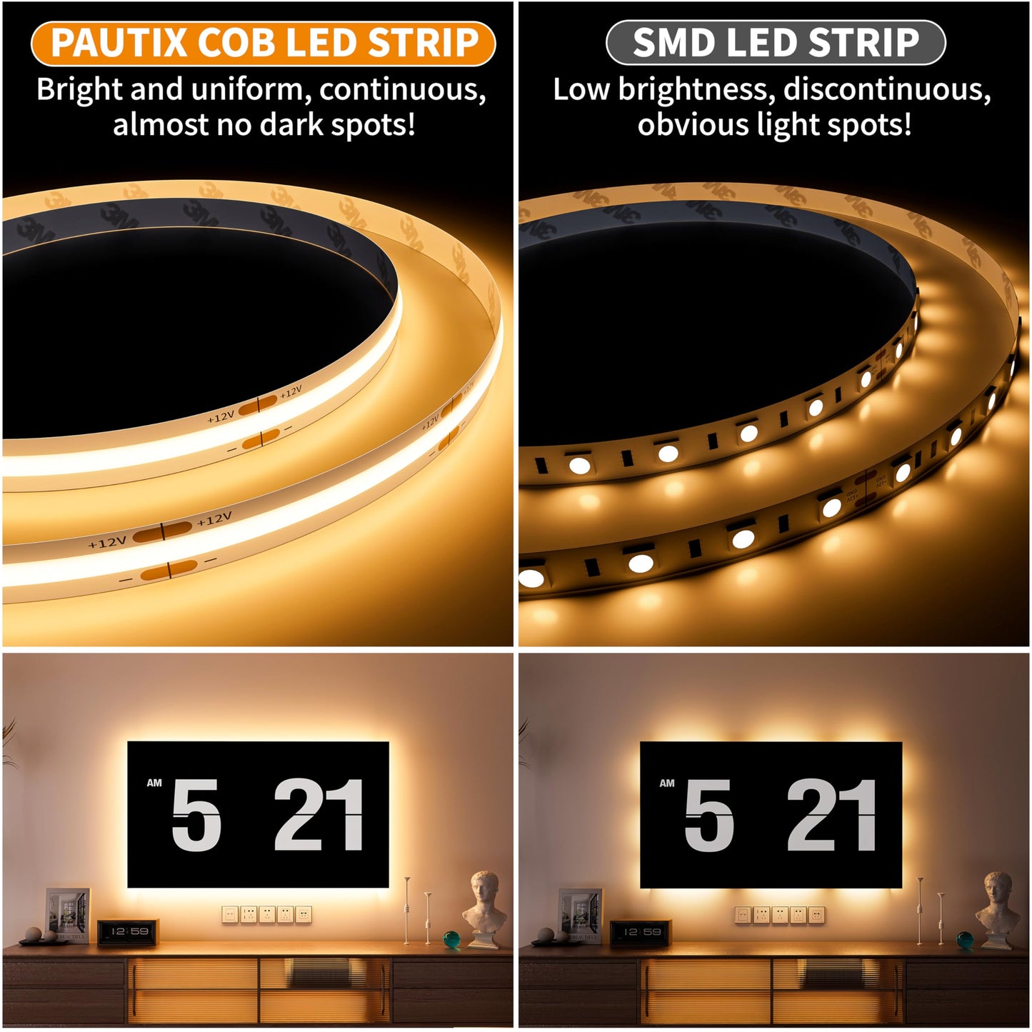 PAUTIX COB LED Strip Light 12V 18ft/5.5m Warm White 3000K 504LEDs/M Super Bright Flexible CRI93+ LED Rope Lights Bright for Kitchen Home DIY Lighting